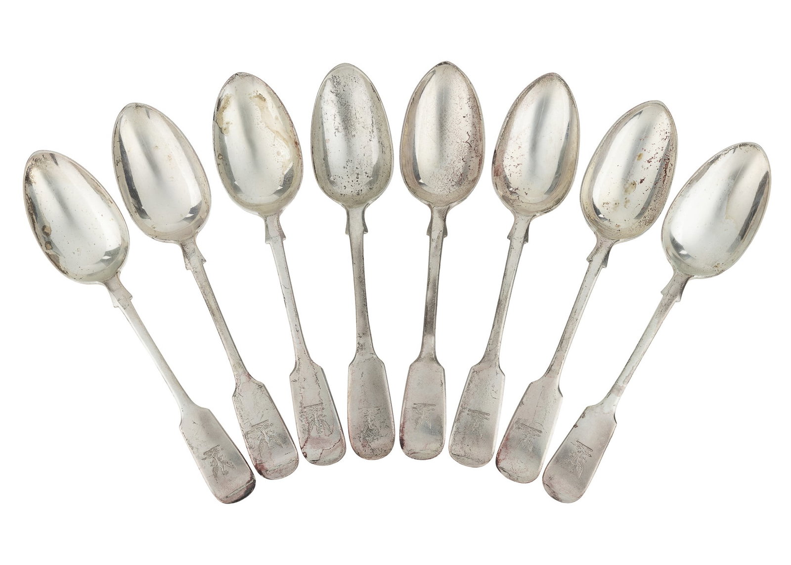 8 Sterling Silver Tablespoons incl. Birks: 8 sterling silver tablespoons including four 1899 spoons retailed by Birks of Montreal, three 1870 London spoons by Savory and Sons, and one 1863 London spoon, all having hand engraved eagle and