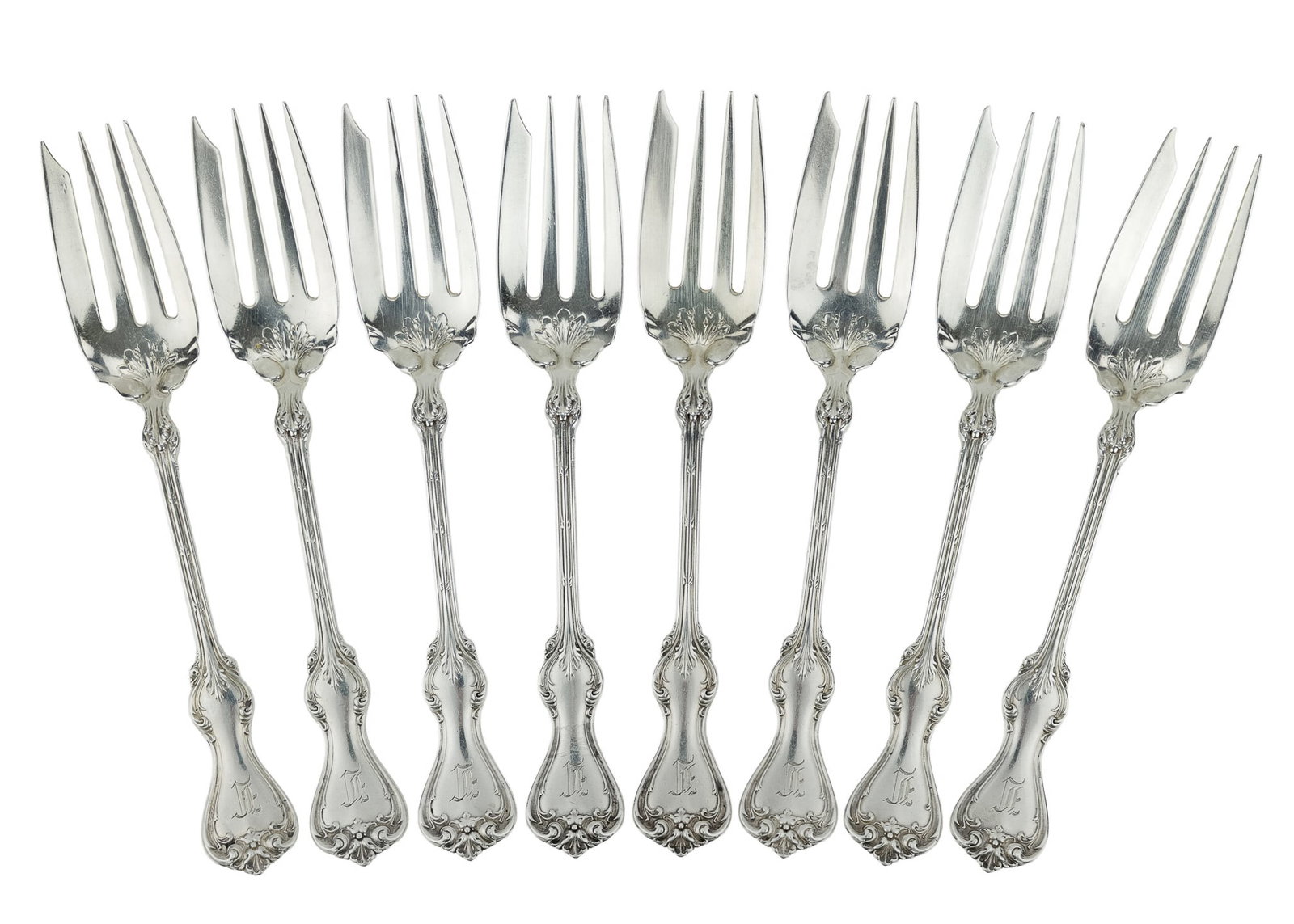 8 Whiting Duke of York Sterling Dessert Forks: Set of 8 Whiting "Duke of York" late Victorian era sterling silver dessert forks with Gothic script monogram 6" 7.3 ozt.