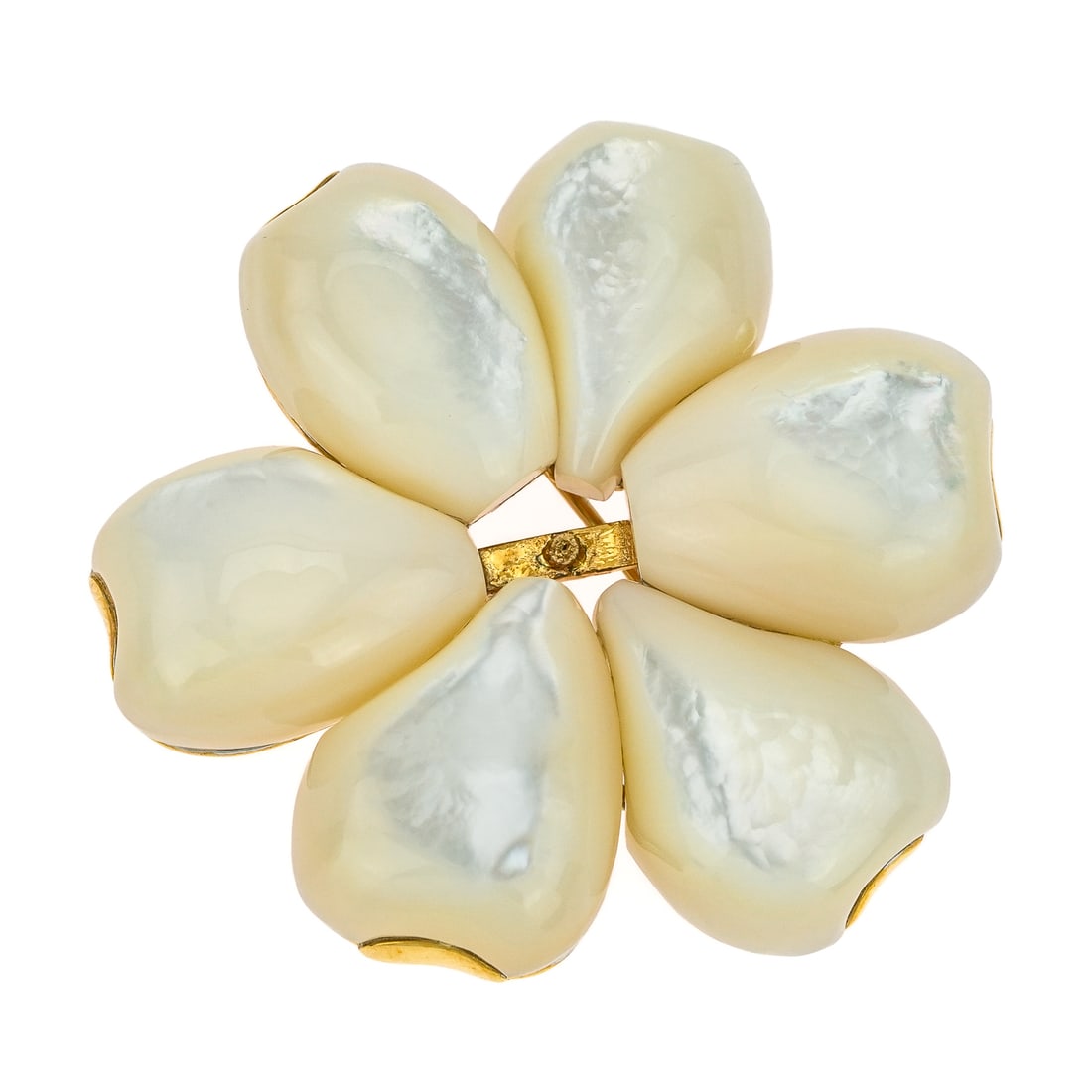 18k Mother of Pearl Flower Brooch: 18k yellow gold frame with a 6 mother of pearl pedals. 2" wide.
