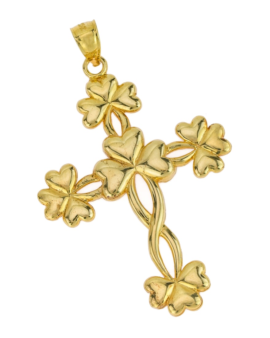 14k Celtic Shamrock Trinity Cross Pendant: 14k yellow gold Celtic Shamrock Trinity cross pendant. 2" long, 6 grams.