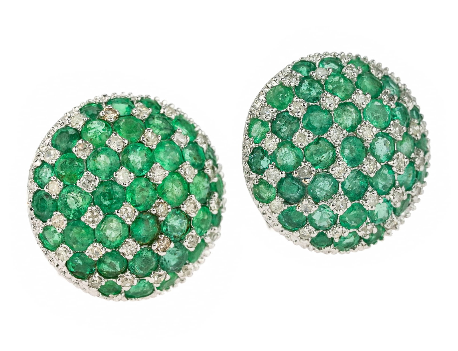18k Emerald & Diamond Earrings: 18k white gold round earrings with 74 - 2 mm emeralds, 64 - .01 ct diamonds, 5/8" diameter. Clip ons.