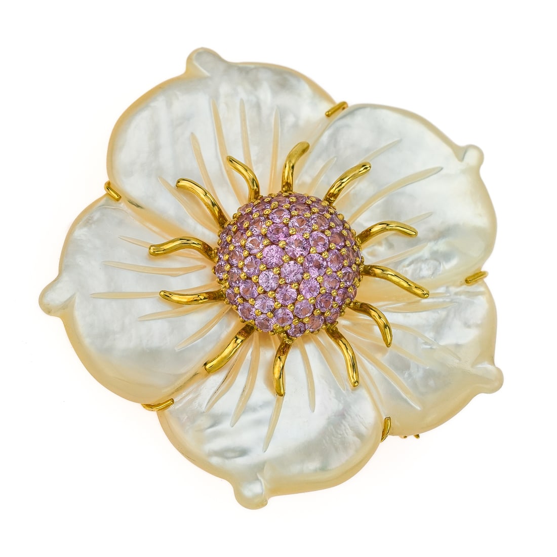 18k Mother of Pearl & Pink Sapphire Flower Brooch: 18k yellow gold brooch having a mother of pearl flower 47 mm x 46 mm. Set with a center with 55 small pink sapphires.