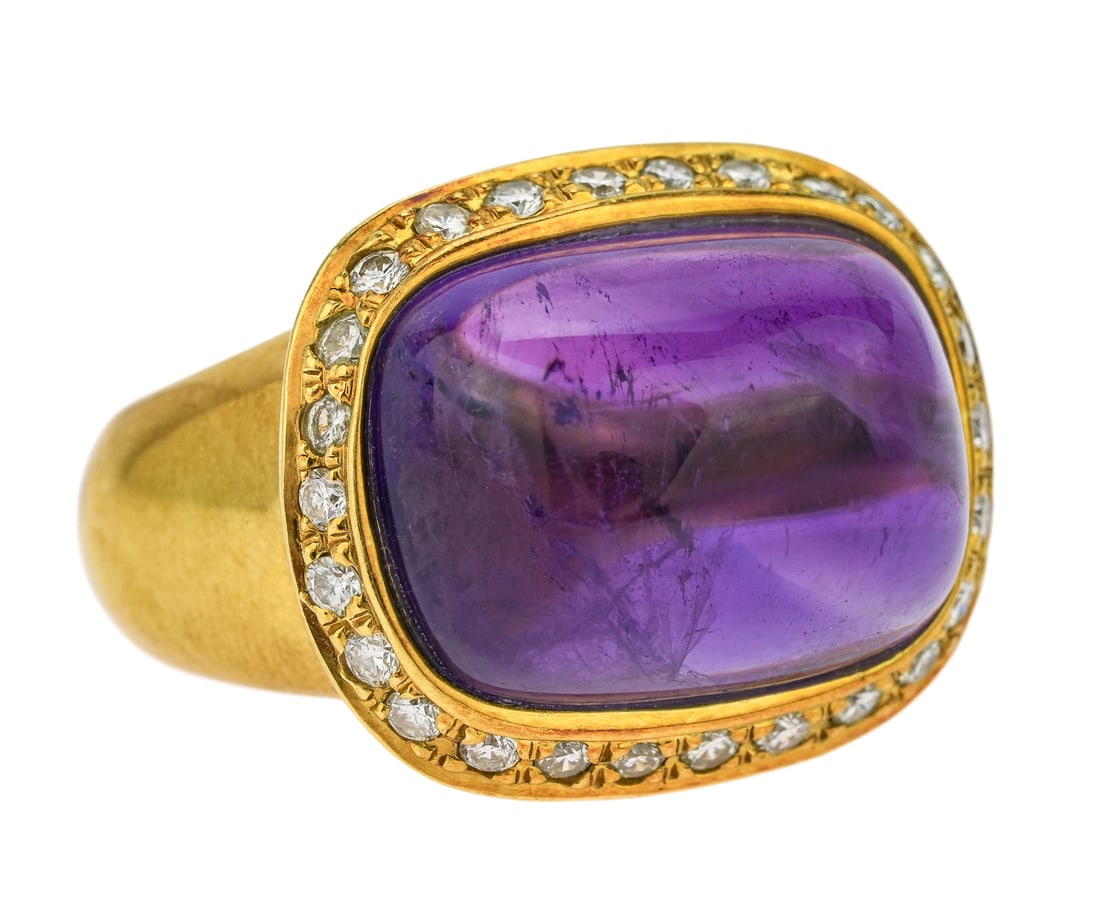 18k Amethyst & Diamond Ring: Fine 18k yellow gold ring with 16 mm x 13 mm cushion cabochon amethyst with a 26 .01 ct diamond surround. 8.9 DWT t.w. Ring size 7.5
