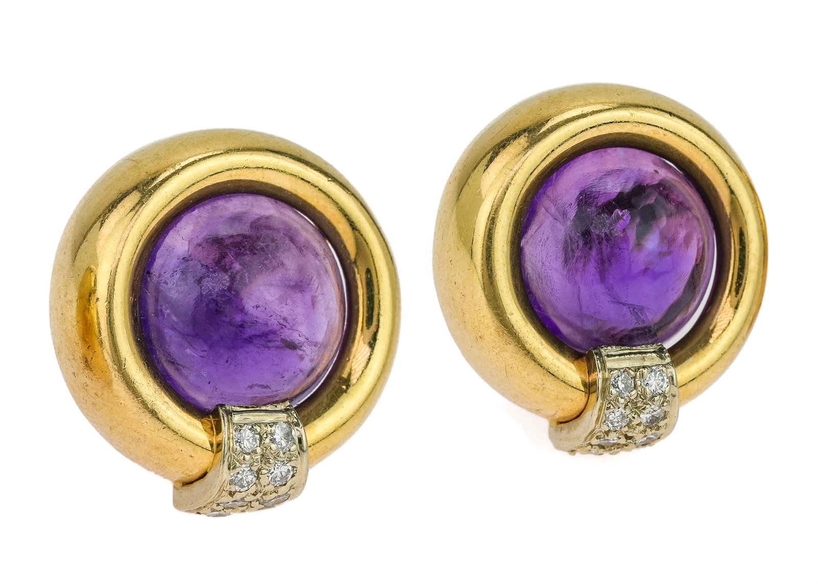 18k Amethyst & Diamond Earrings: 18k yellow gold earrings set with 2 cabochon 11.5 mm amethyst and 16 .01 to .02 ct diamonds. 5/8" diameter.