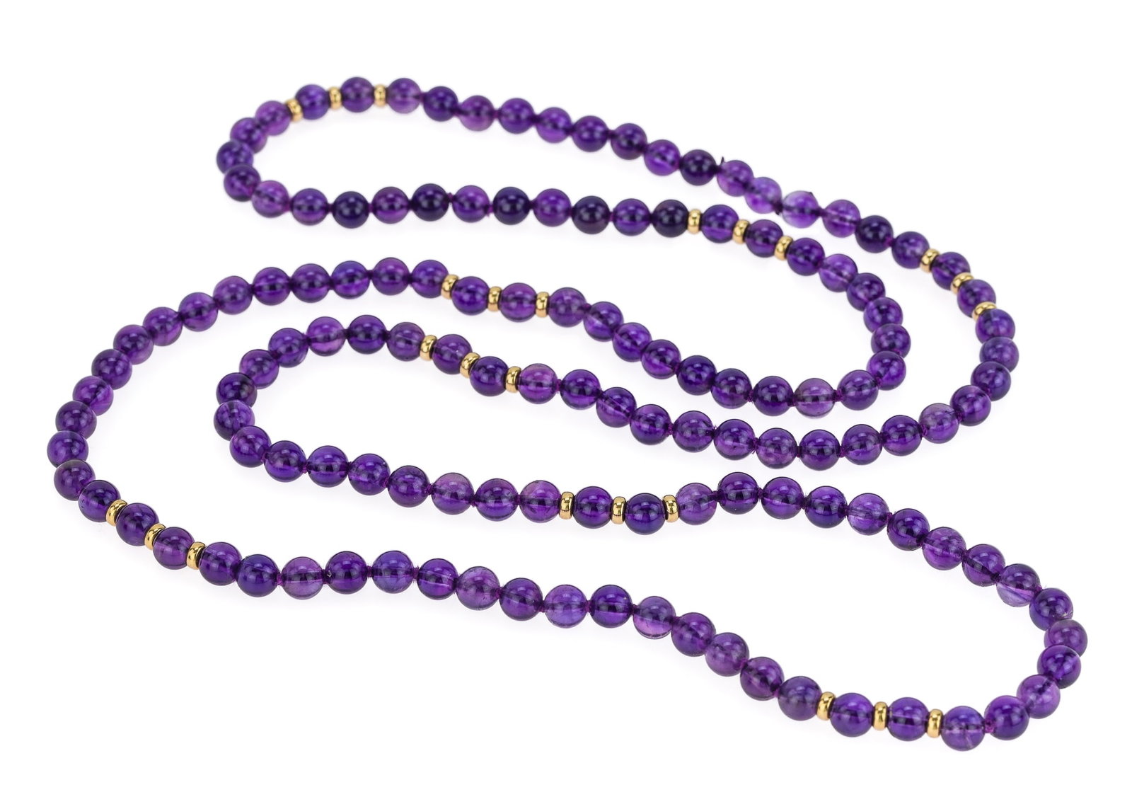 14k & Amethyst Bead Necklace: 36" long necklace with 136 6.5 mm amethyst beads and 24 - 14k yellow gold beads.