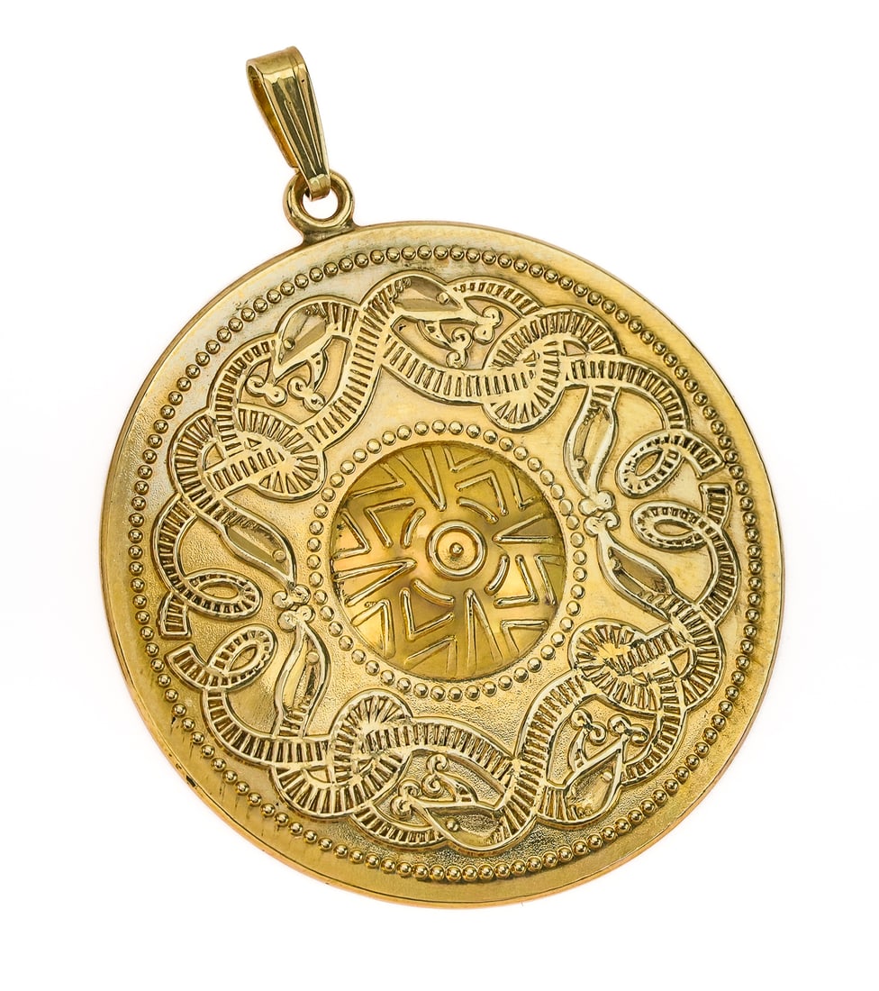 14k Yellow Gold Round Pendant: 14k yellow gold round pendant, 1 3/8" diameter, 10 grams t.w. Marked CHJ 585 with hall marks.