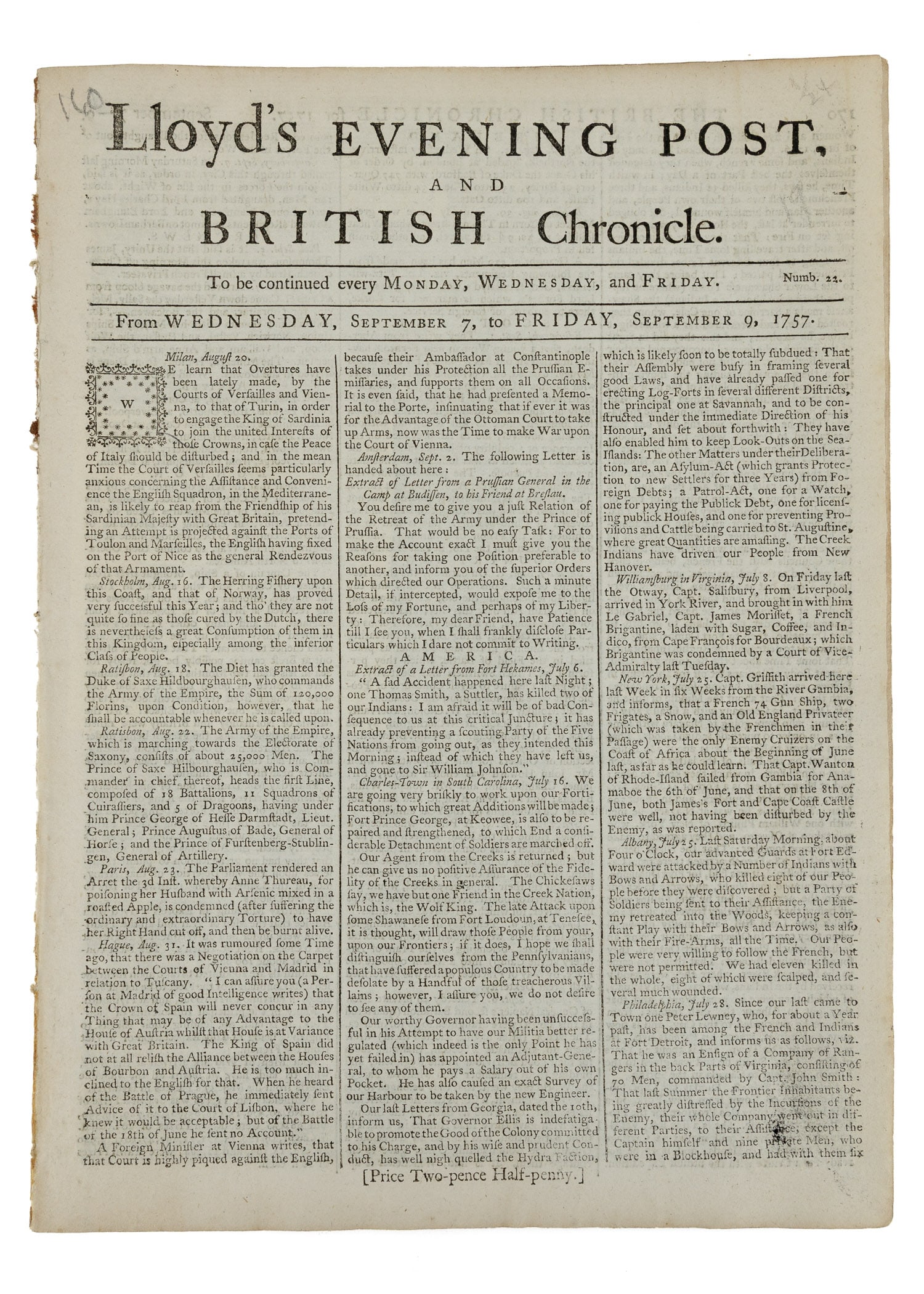 1757 Lloyd's Evening Post Newspaper: 1757 Lloyd's Evening Post French & Indian War era newspaper for Sept 7-9 with Siege of Louisbourg, 8 killed in attack by Indians at Fort Edward, Settler has killed 2 of our Indians preventing a