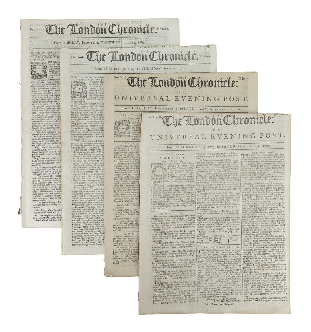 1760-1769 The London Chronicle Newspapers: 1760-1769 The London Chronicle French & Indian War era newspapers (4 vols), including Nov 13-15, 1760 Amherst to Crown Point, Murray to Quebec, gage to Montreal (p 478), June 23-25, 1767 News from