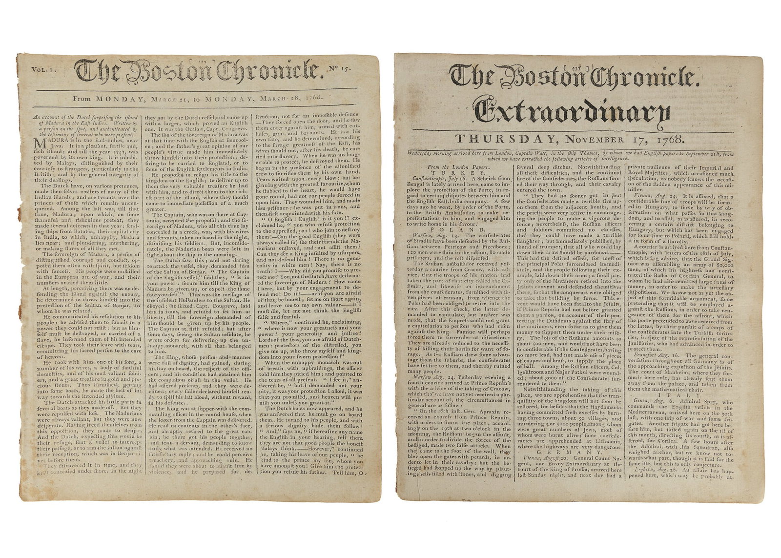 1768 The Boston Chronicle Newspapers: 1768 The Boston Chronicle French & Indian War era newspapers (2 pcs), including March 28 Letters from a Pennsylvania farmer, murder of 10 Indians, surgeon procuring a body for dissection goes