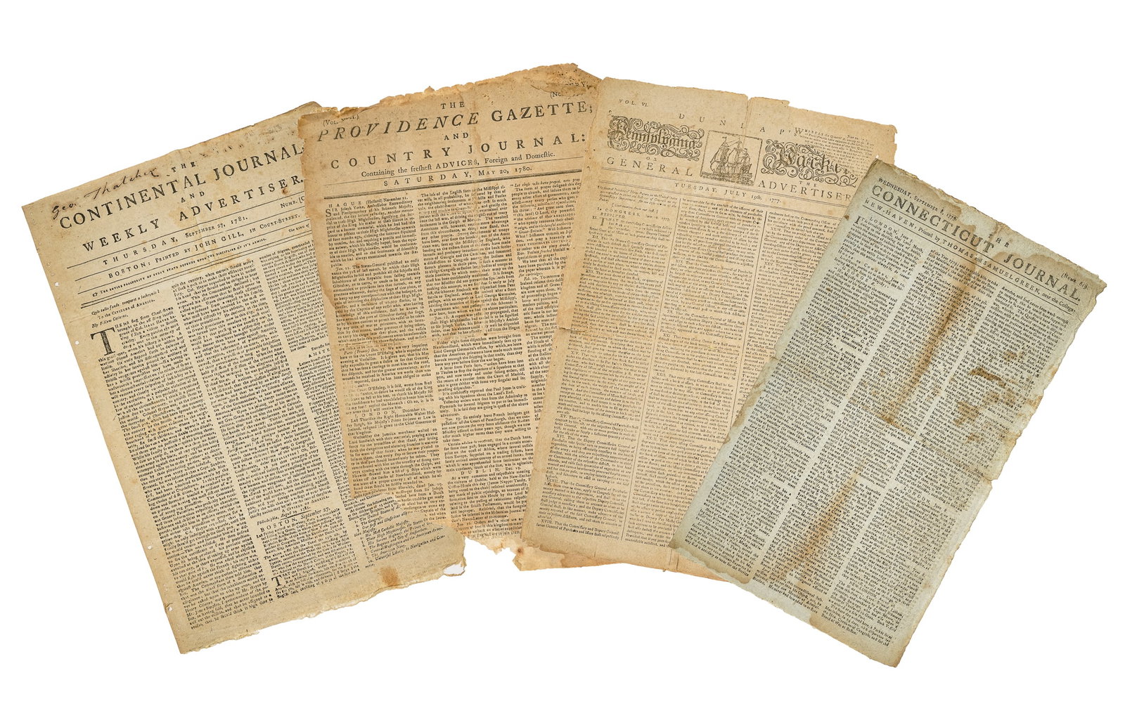 1777-1781 American Newspapers: 1777-1781 American Revolutionary War era newspapers (4 pcs), including July 15, 1777 Dunlap's Pennsylvania Packet including Congress Resolution to provision troops (full 1st page), British fleet &