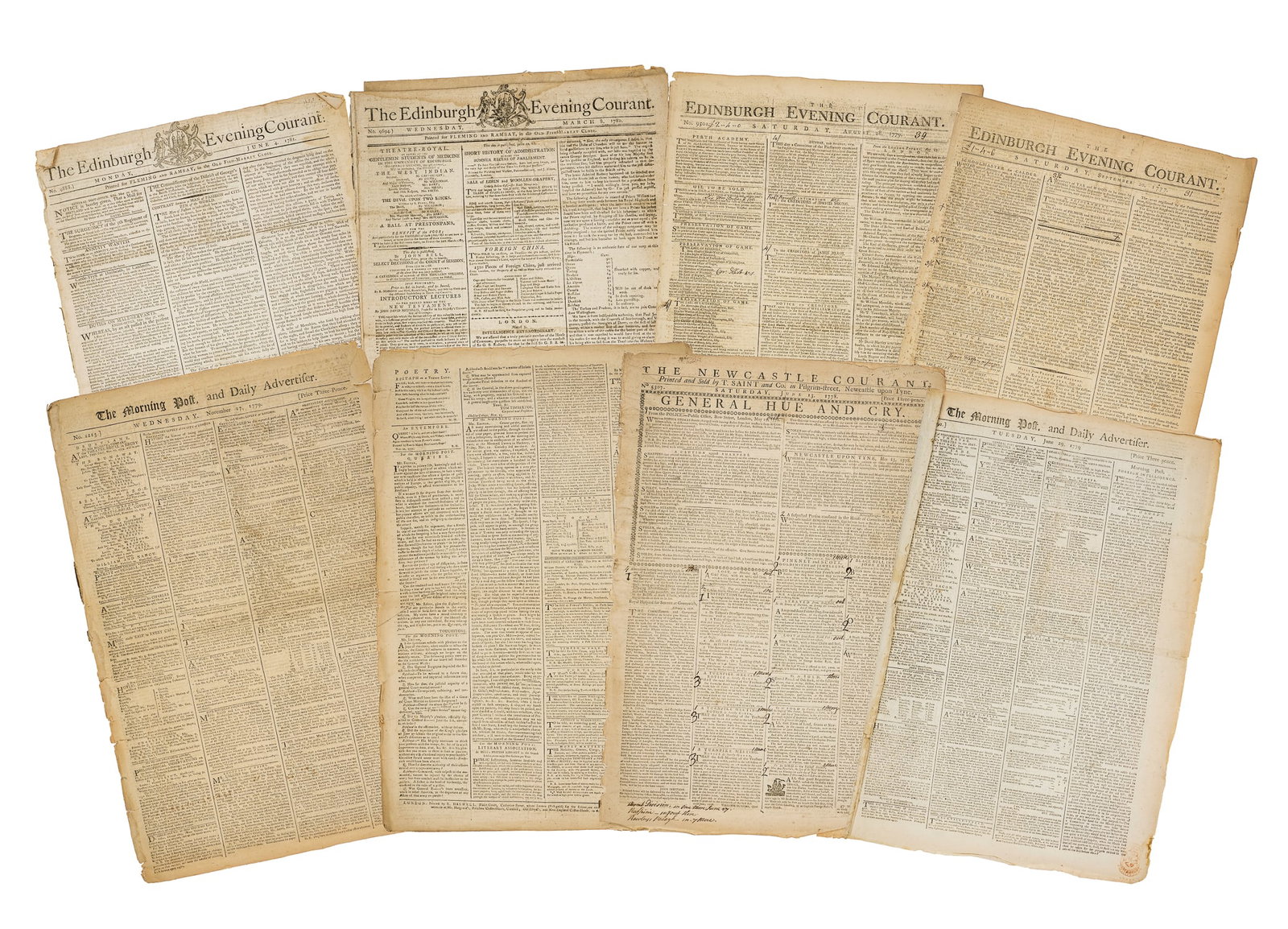 1777-1781 Scottish Newspapers: 1777-1781 American Revolutionary War era newspapers (8 pcs), including Sept 20, 1777 Edinburg Evening Courant with excerpt of a letter from George Washington to Sir William Howe (p 3), June 13, 1778
