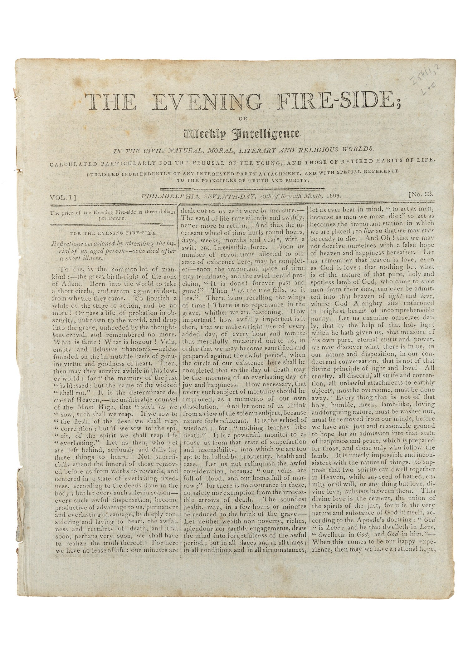 (Lewis & Clark) 1805 Evening Fireside: 1805 The Evening Fire-Side, Philadelpia, with story on the progress of the Lewis & Clark Expedition, 11" x 9" x 1/4"