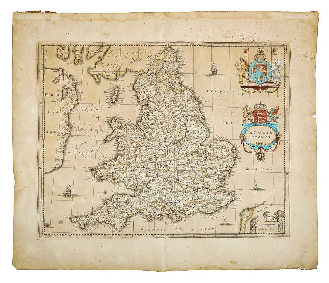 1642 Janssonius Kingdom Of England: 1642 Janssonius hand colored map of the Kingdom of England, two sheet, small hole/ tear, few spots, stains, overall fair to good condition, 20" x 24" x 1/4"