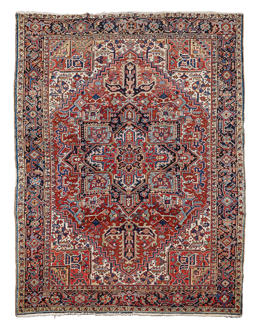 Early 20th c Heriz Main Carpet: Early 20th c Heriz main carpet, center medallion design, well done repairs, areas of reweaving, very good condition, 7' 10" x 10'