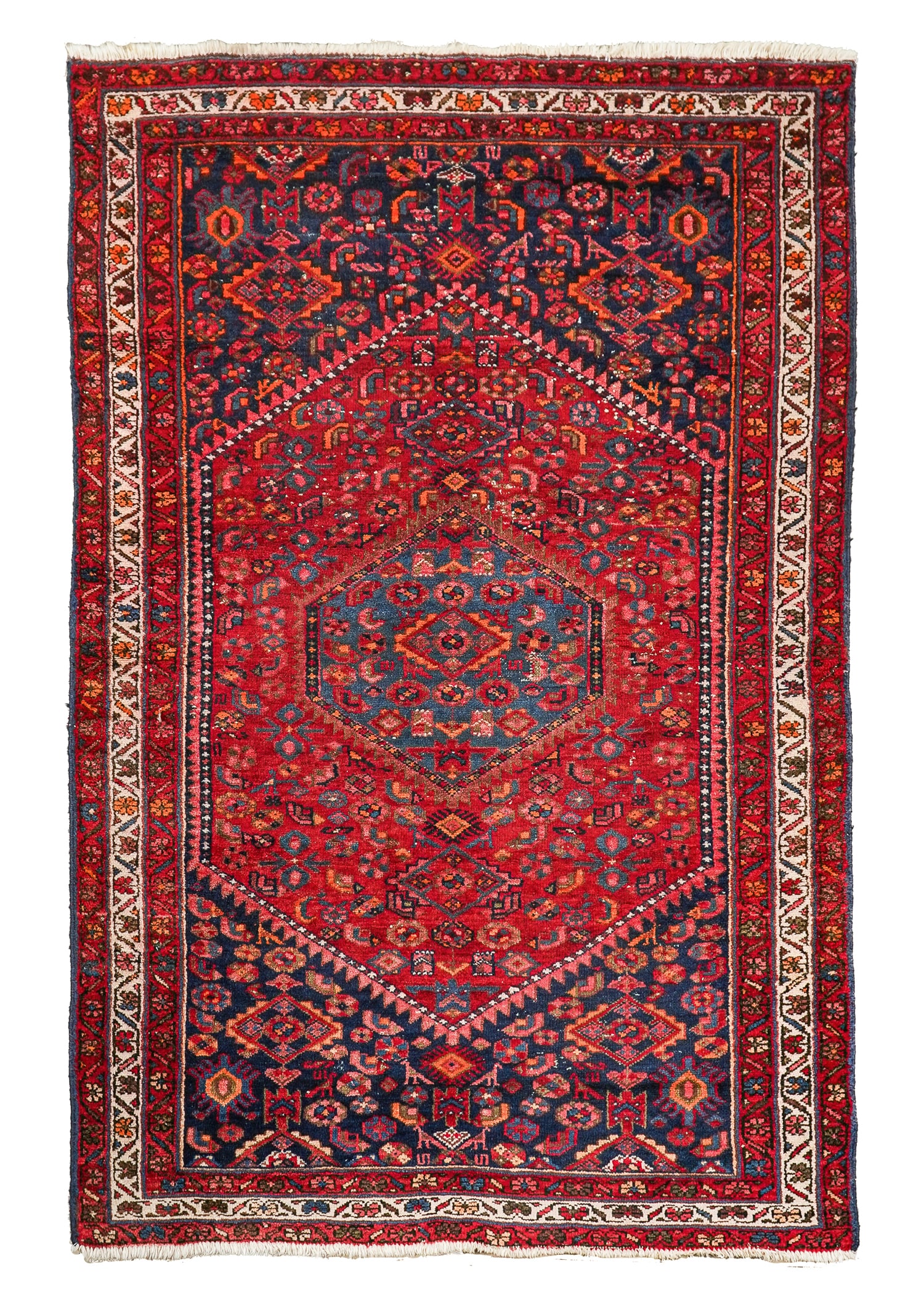Mid 20th c Persian Shiraz Area Rug: Mid 20th c Persian Shiraz area rug, small spot of uneven wear, 4' 4" x 6' 5"
