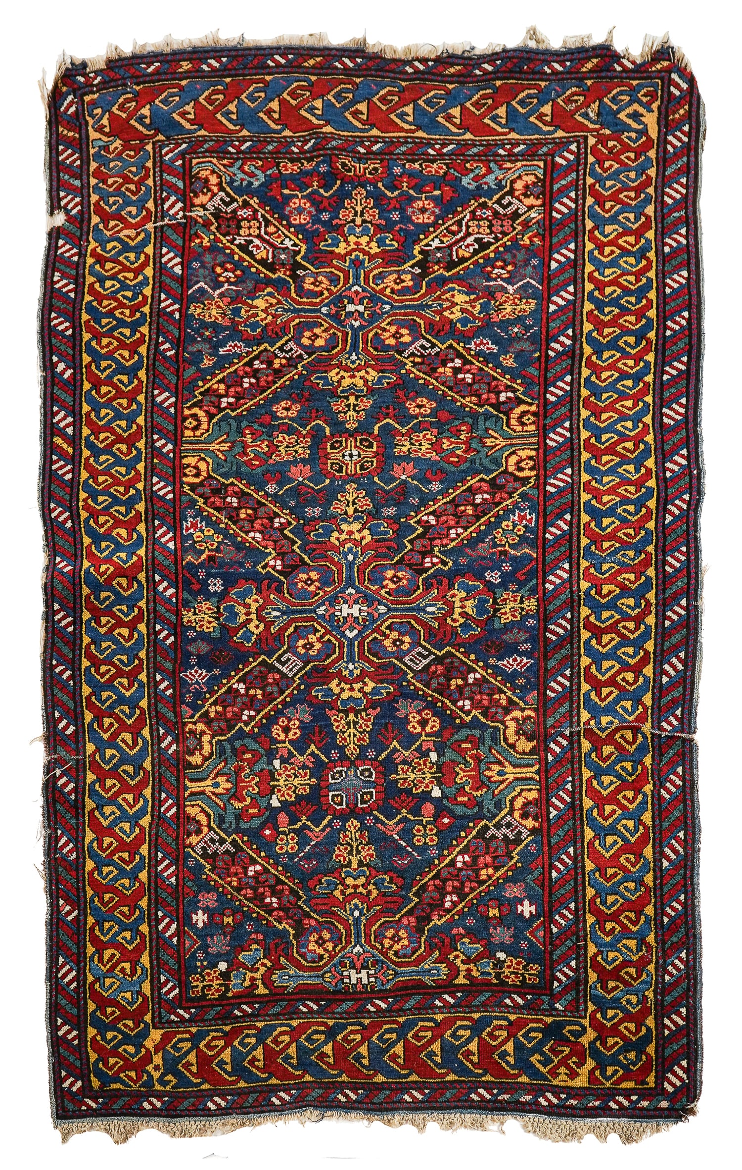 Early 20th c Caucasian Seychour Area Rug: Early 20th c Caucasian Seychour area rug, Azerbaijan, strong colorful palate, wear bar, edge losses, 3' 6" x 5' 11" (42" x 71")