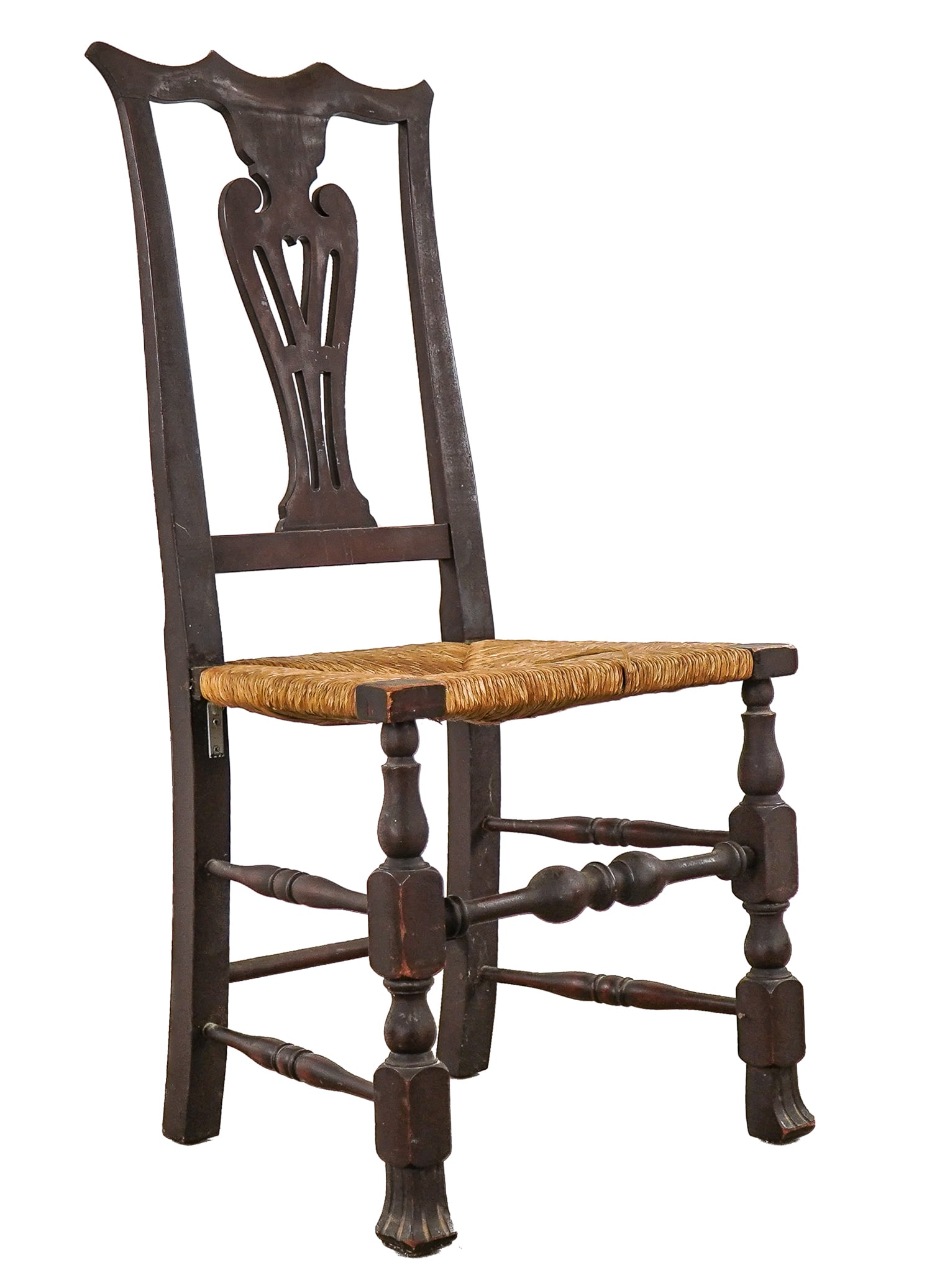 18th c New England Queen Anne Side Chair: 18th c New England Queen Anne mahogany side chair with pierced back and Spanish foot, later reed seat, some looseness. 40 x 19 x 15" 18" to seat