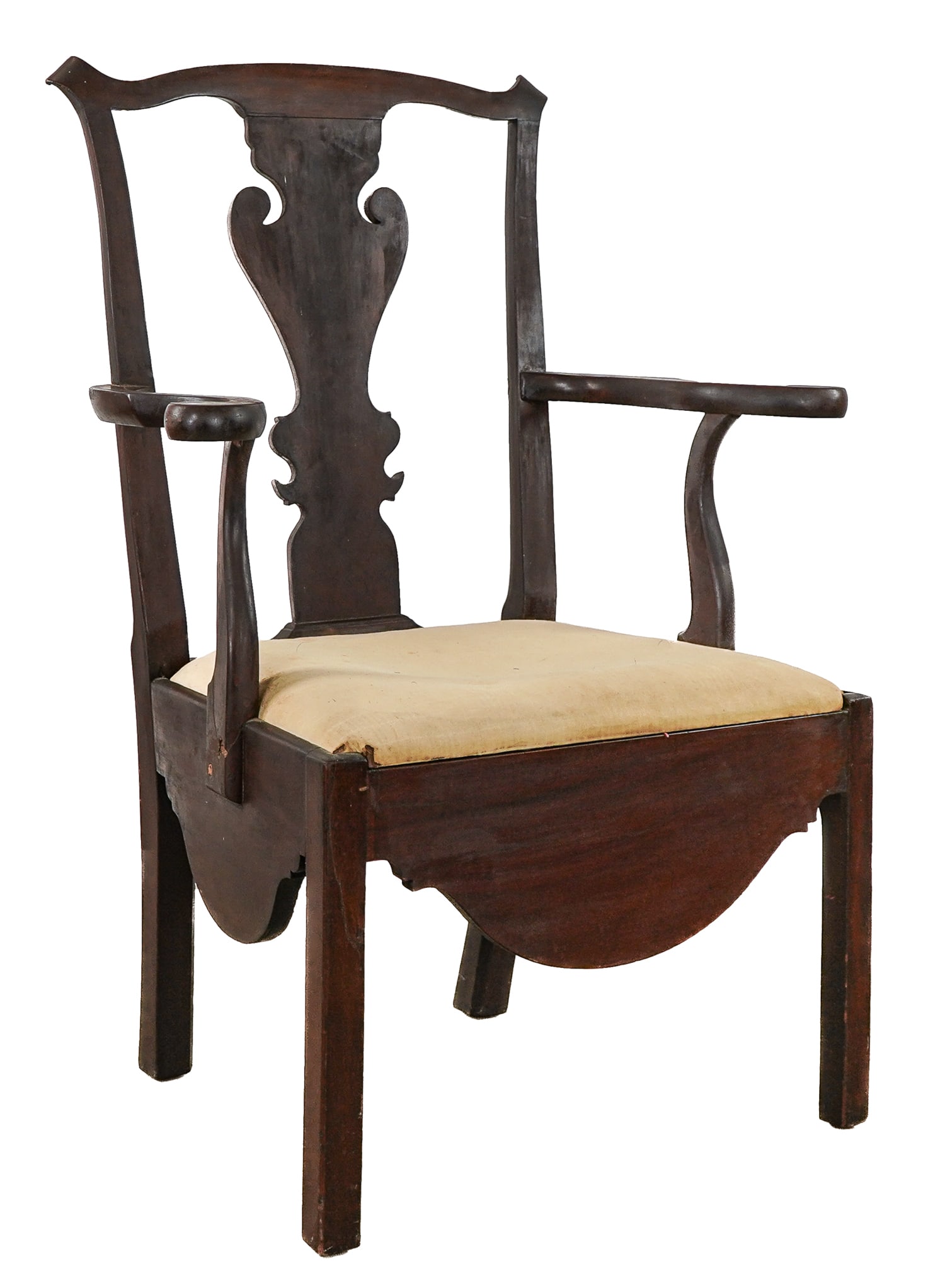 18th c Mahogany Chippendale Armchair: 18th c American mahogany Chippendale armchair with low skirt and wide stance. 40 x 29 x 18" 17" to seat.