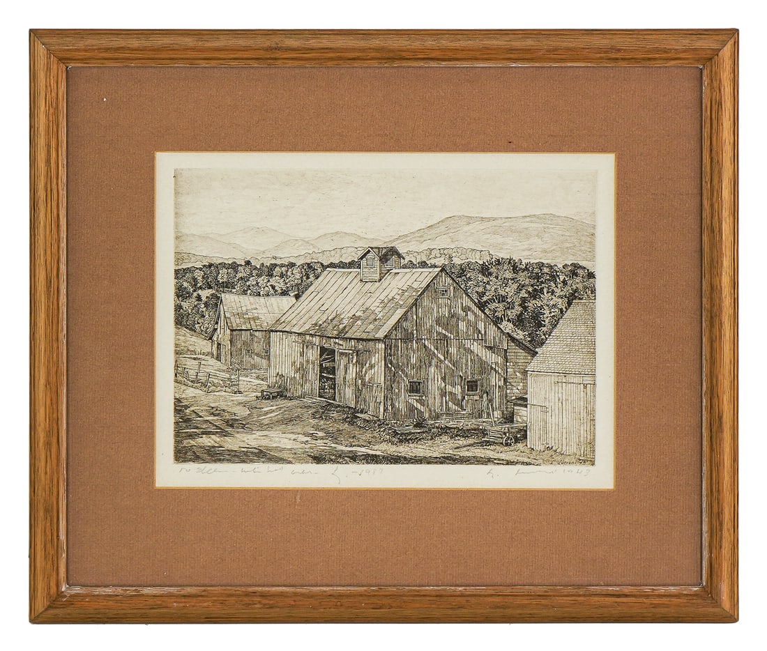 Luigi Lucioni (VT 1900-1988) Barn in the Hills: Luigi Lucioni (Vermont 1900-1988) Barn in the Hills engraving on paper, Signed and inscribed by Lucioni lower margin and dated 1943 and 1987 , plate 7 x 10" 14 x 16 x 1" as framed. Lucioni studied,