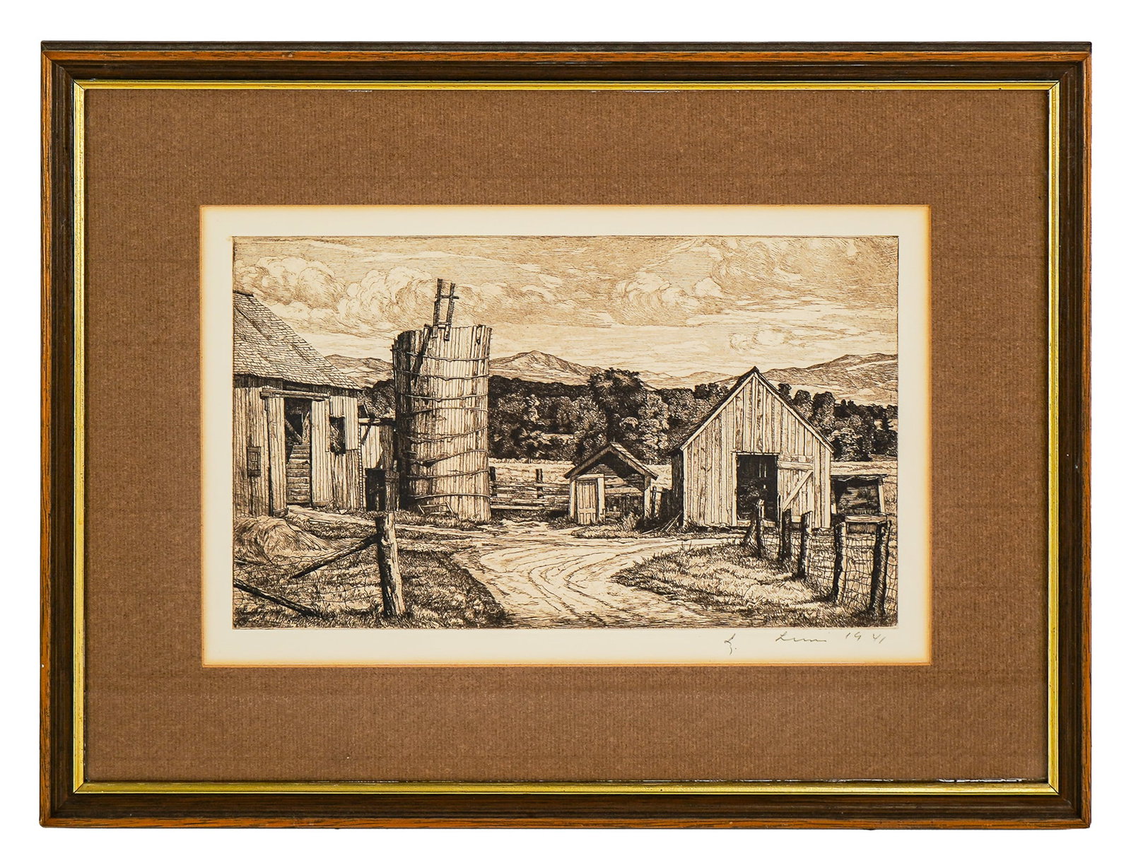 Luigi Lucioni (VT 1900-1988) Barn with wrecked Silo: Luigi Lucioni (Vermont 1900-1988) Barn with Wrecked Silo engraving on paper published by Associated American Artists - Signed lower right dated 1941- plate 6.5 x 11" 13 x 17 x 1" as framed. Lucioni