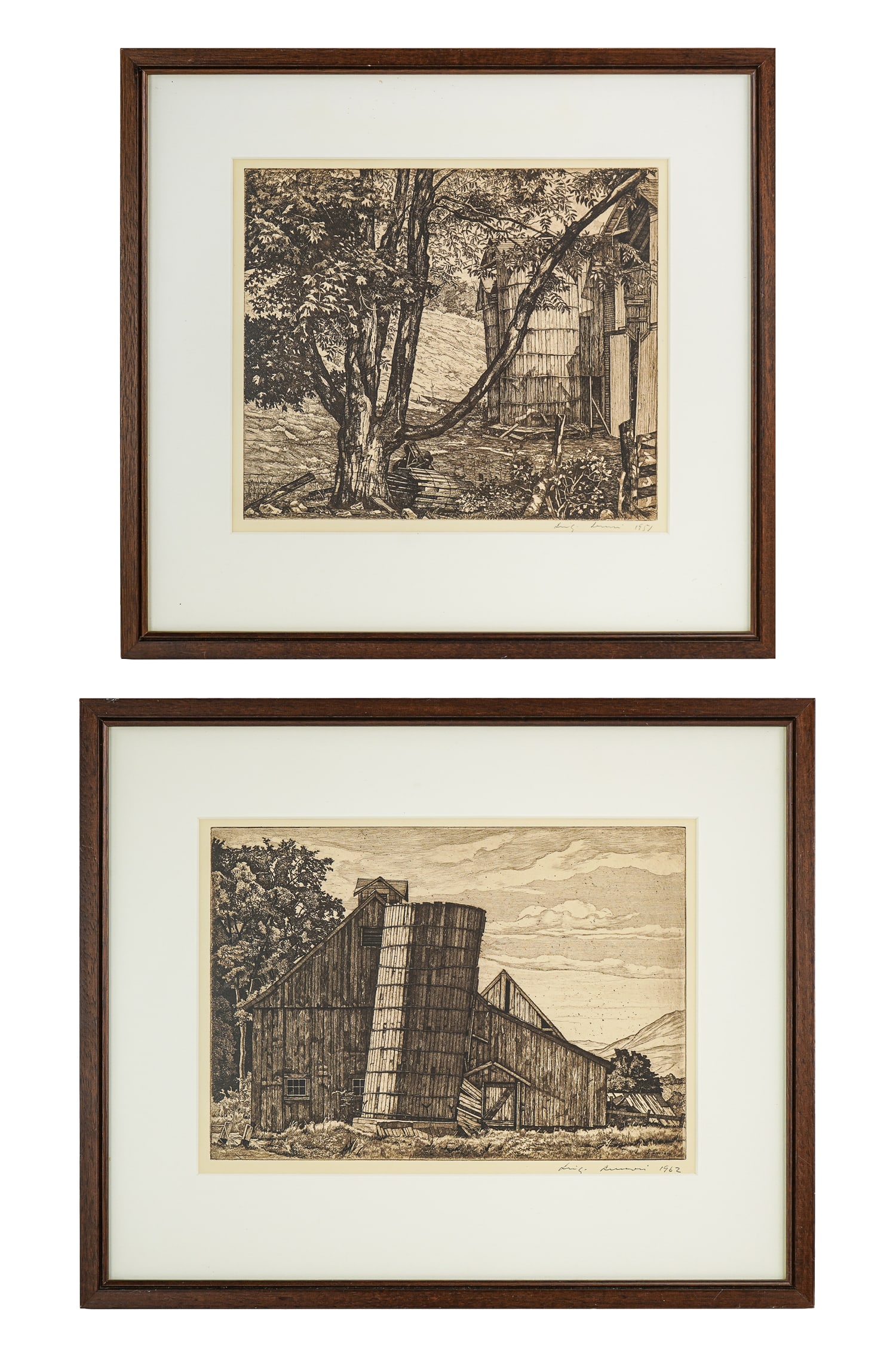 Luigi Lucioni (VT 1900-1988) Two Engravings: Luigi Lucioni (Vermont 1900-1988) Two Engravings- On a Vermont Highway 1963 8.5 x 12" Oak and silo 1962 9.5 x 11.5" -17 x 18 x 1" as framed. Lucioni studied, in succession, at Cooper Union, at the