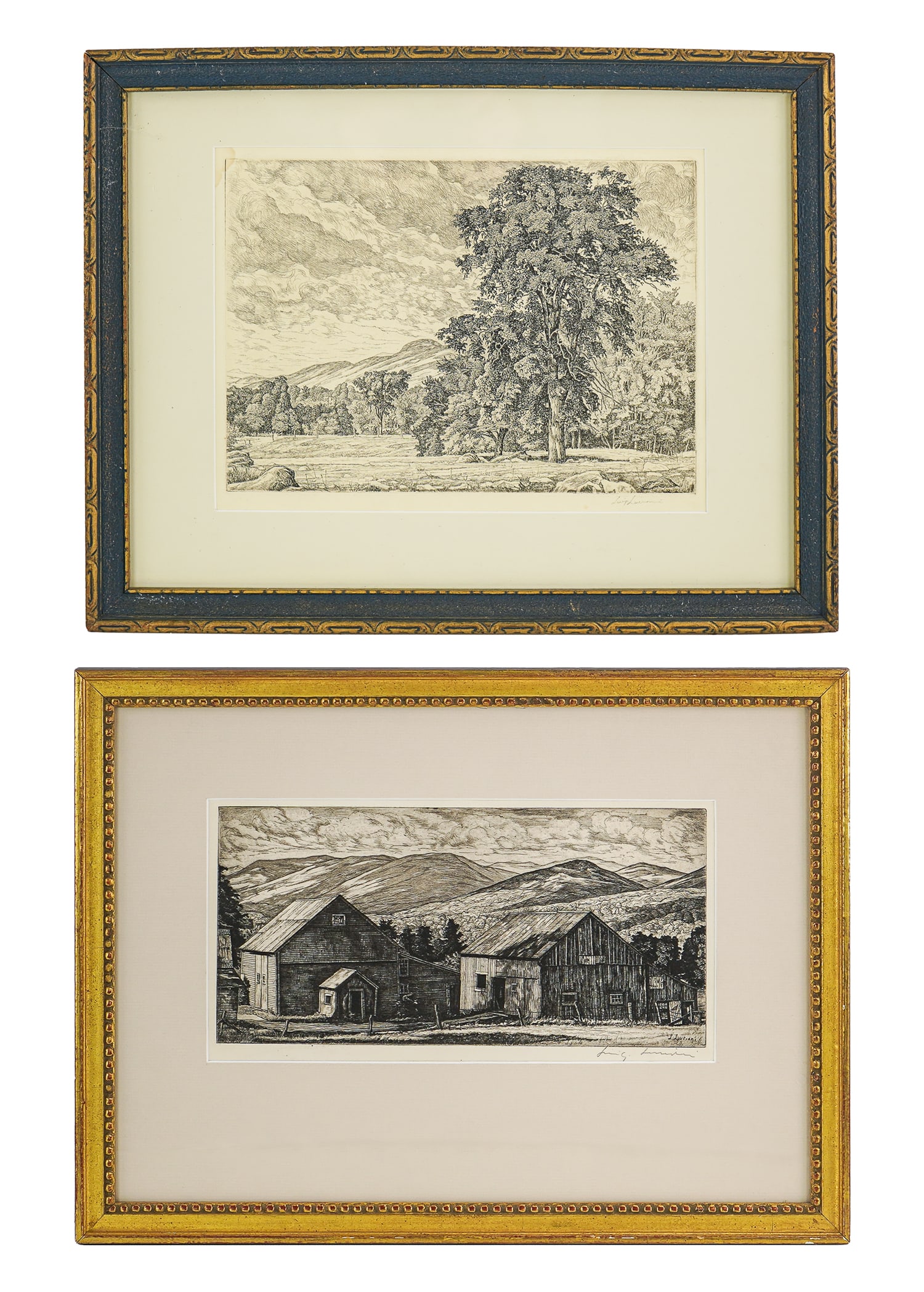 Luigi Lucioni (VT 1900-1988) Two Engravings: Luigi Lucioni (Vermont 1900-1988) Two engravings- Stony Pasture 8 x 11" and Two Barns 6 x 12" -14 x 19 x 1" as framed. Lucioni studied, in succession, at Cooper Union, at the National Academy of