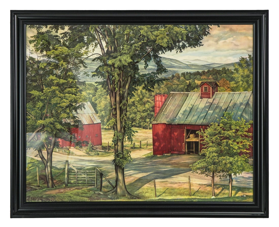 Luigi Lucioni (VT 1900-1988) Red Barns in Vermont: Luigi Lucioni (Vermont 1900-1988) Red Barns in Vermont lithograph in colors published by Associated American Artists- 22 x 28" 25 x 31 x 1" as framed. Lucioni studied, in succession, at Cooper Union,