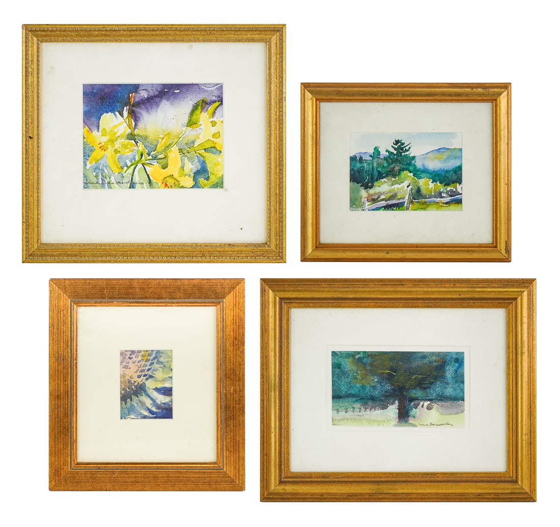 Jane DesJardins (VT/PQ ) Four Watercolors: Jane DesJardins (Vermont / Quebec) Four small watercolors 4x3" to 6 x 8" largest frame 13 x 15 x 1" as framed.