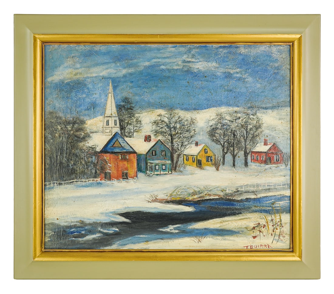 20th c Outsider Art Landscape signed T Guerra: 20th c Outsider or folk Art landscape signed T Guerra oil on board - 20 x 24" 24 x 28 x1 " as framed.