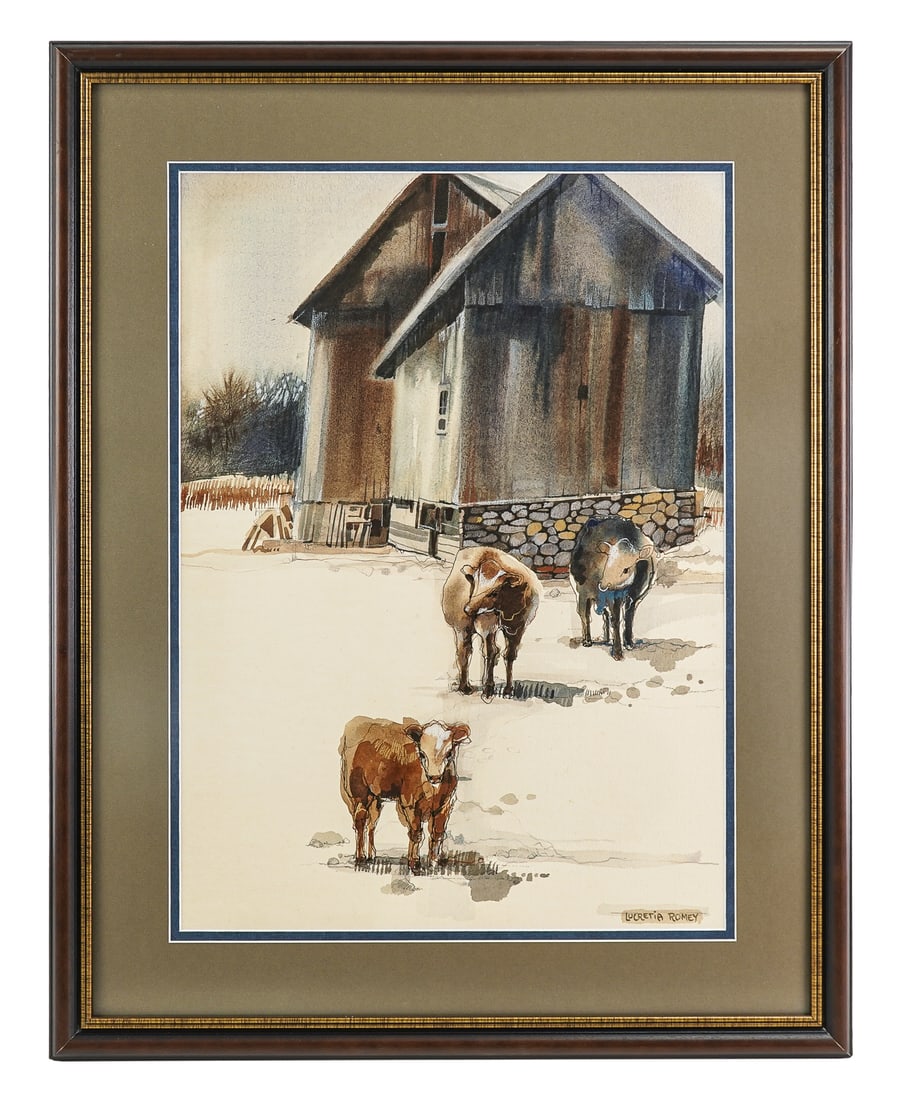 Lucretia Romey (NY 20th c ) Three Cows: Lucretia Romey (New York 20th c) Three cows- watercolor and crayon- 28 x 20" 37 x 29 x .5" as framed.
