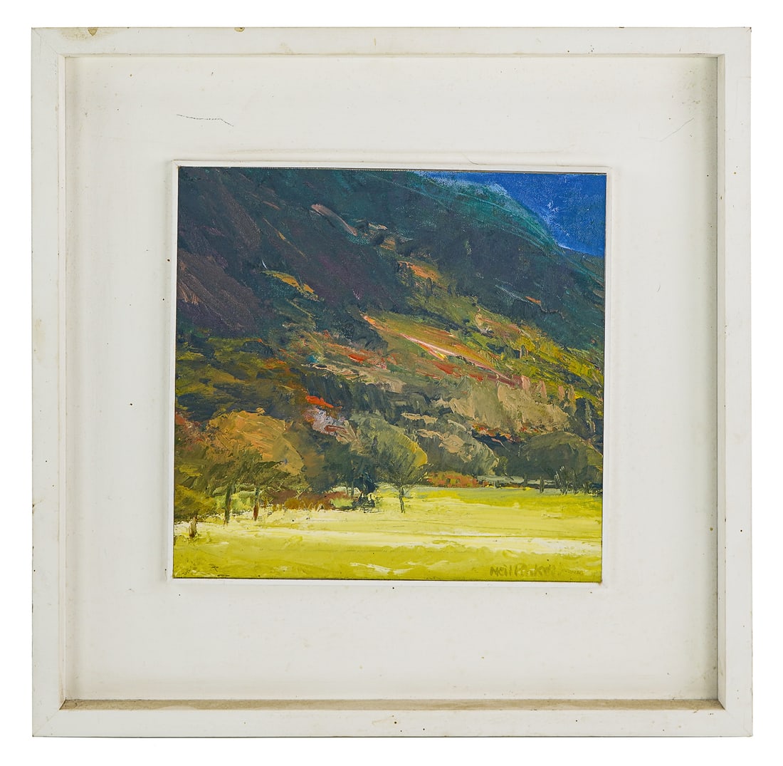 Neil Pinkett (EN 1958-) Craig Y LLan Rises Up: Neil Pinkett (English 1958-) Craig Y Llan rises up behind Afon Glaslyn Beddgeiert oil on canvas board signed lower right. 13.5 x 13.5" 22 x 22 x 1" Has lived in Cornwall most of his life and exposure