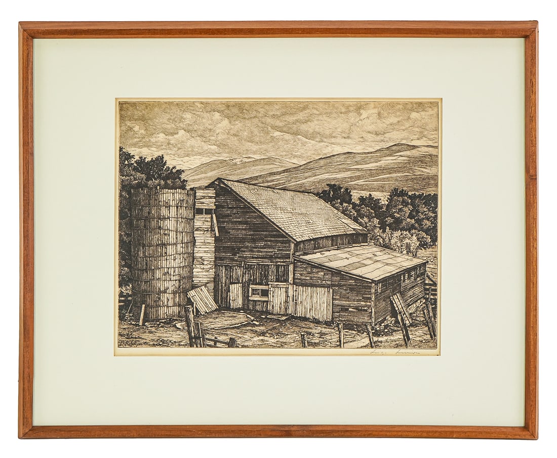 Luigi Lucioni (VT 1900-1988) Vermont Survival: Luigi Lucioni ( Vermont 1900-1988) Vermont Survival etching published by Associated American Artists- 10 x 12.5" 17 x 21" as framed . Lucioni studied, in succession, at Cooper Union, at the National