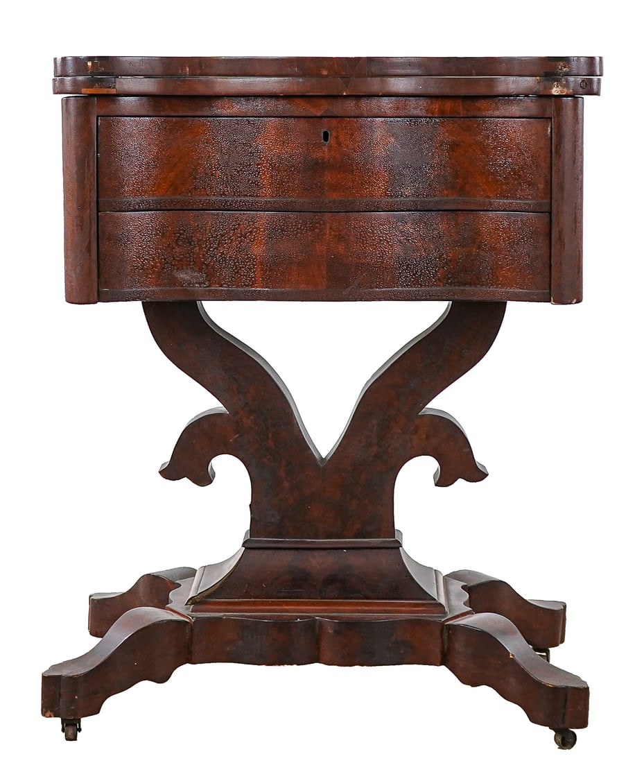 19th c Empire Two Drawer Work Table: 19th c Empire mahogany two drawer work table having serpentine front, pierced column and a swivel top. 29.5 x 23.5 x 15.5" closed, top 23.5 x 31.5"