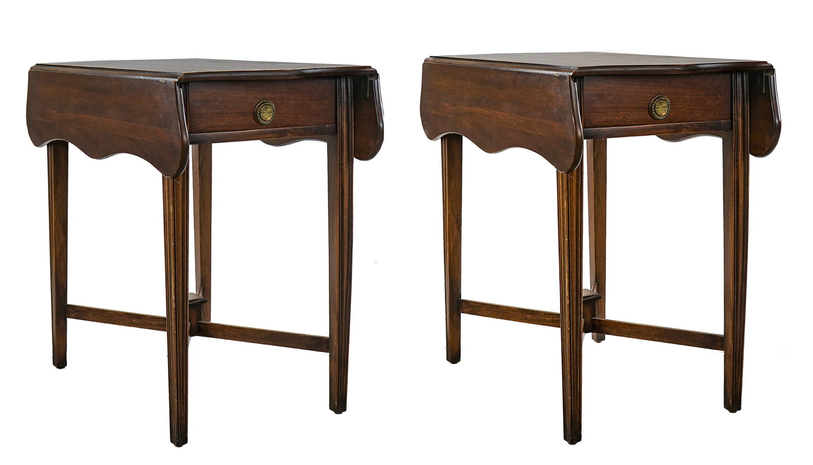 Pair of Henry Ford Museum reproduction tables: Pair of Henry Ford Museum -Greenfield Village reproduction Hepplewhite pembroke end tables- 29 x 31.5 x 17" with 7" leaves branded in drawer.