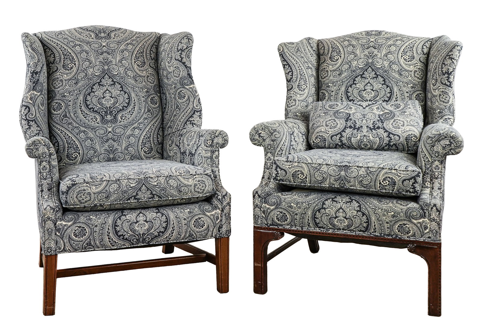 Pair of Contemporary Wing Chairs: Pair of contemporary wing chairs in blue paisley upholstery 40 x 32 x 26" 18" to seat