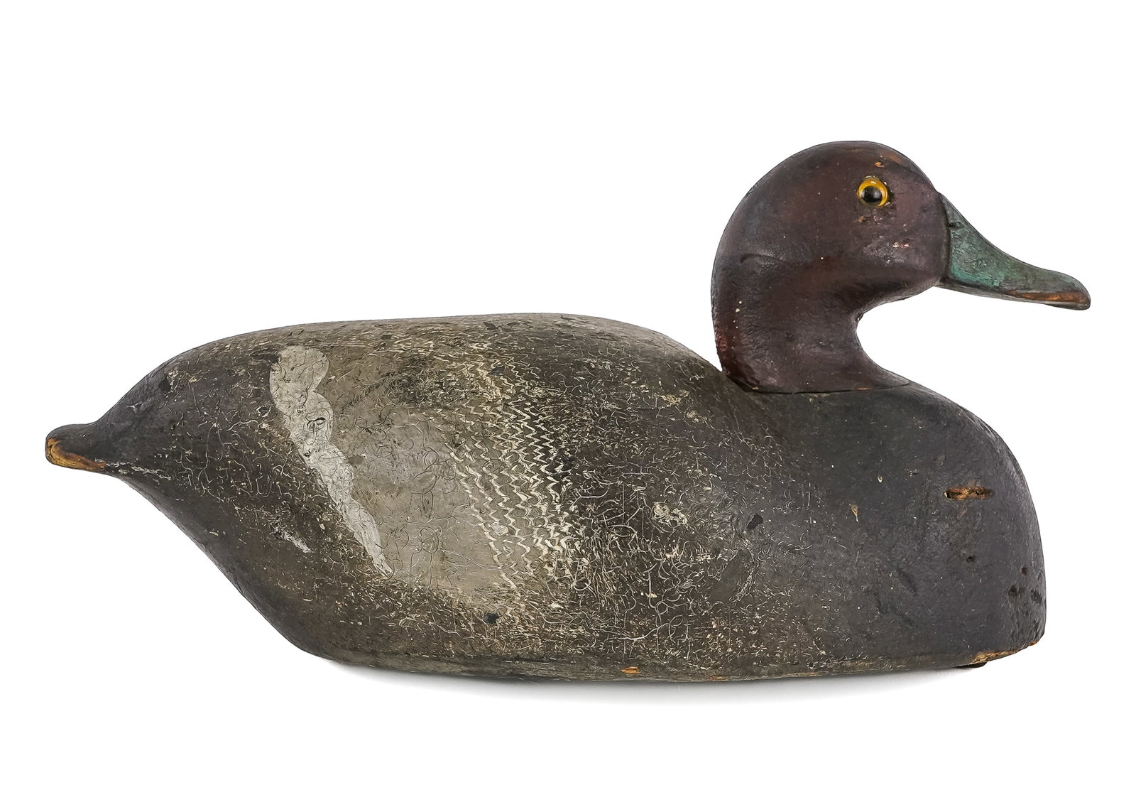 Grant Goodsell Redhead Decoy: Grant Goodsell Trenton early 20thc Redhead decoy. Hump back, glass eye, original paint, working bird with wear and note on bottom "Made by Grant Goodsell Trenton - Don Goodsell Son - Smithfield, My