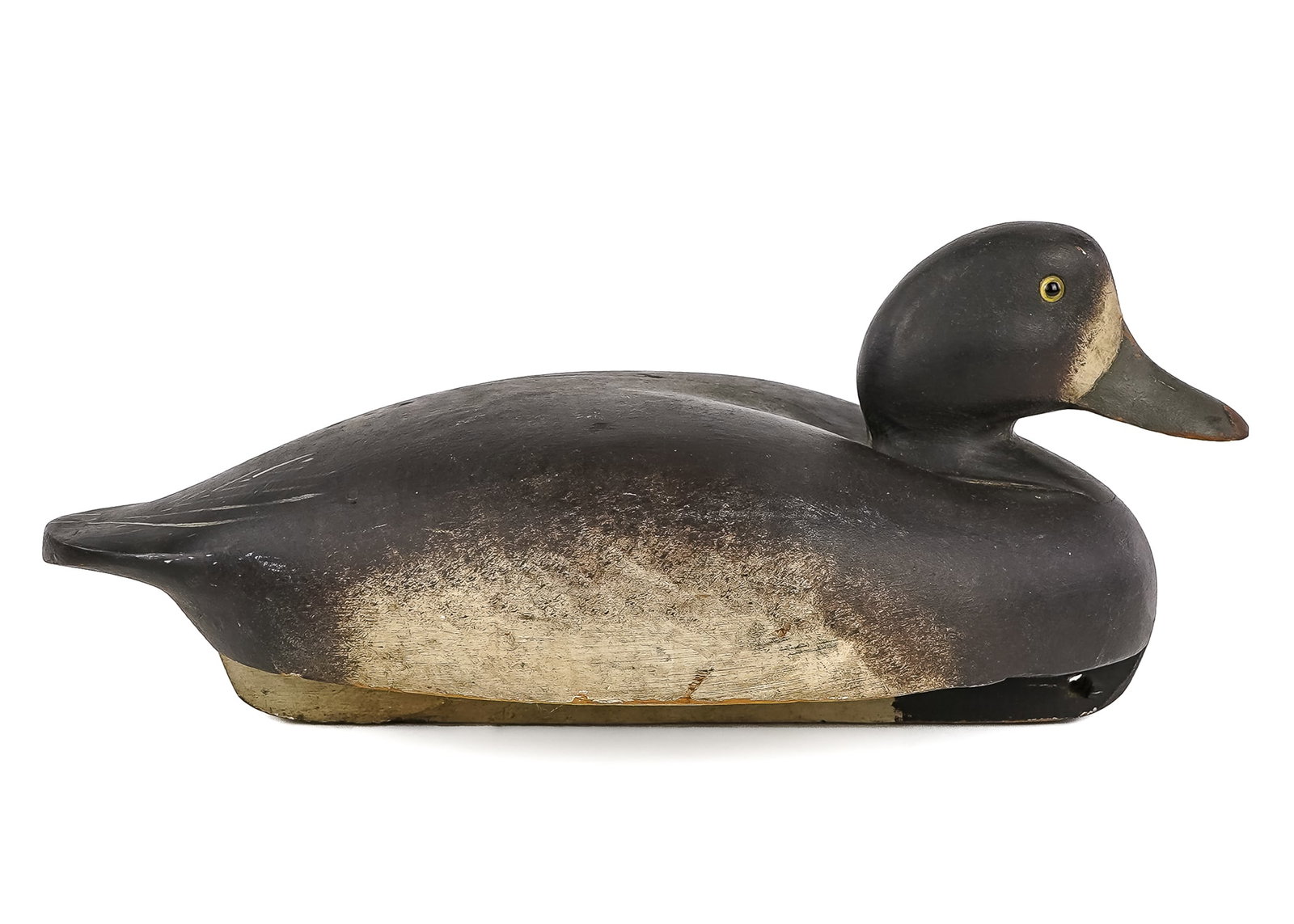Wildfowler Bluebill Hen Decoy: Wildfowler Factory bluebill hen or Scaup decoy. Good original paint, glass eye, keel, 14" x 7" x 7".