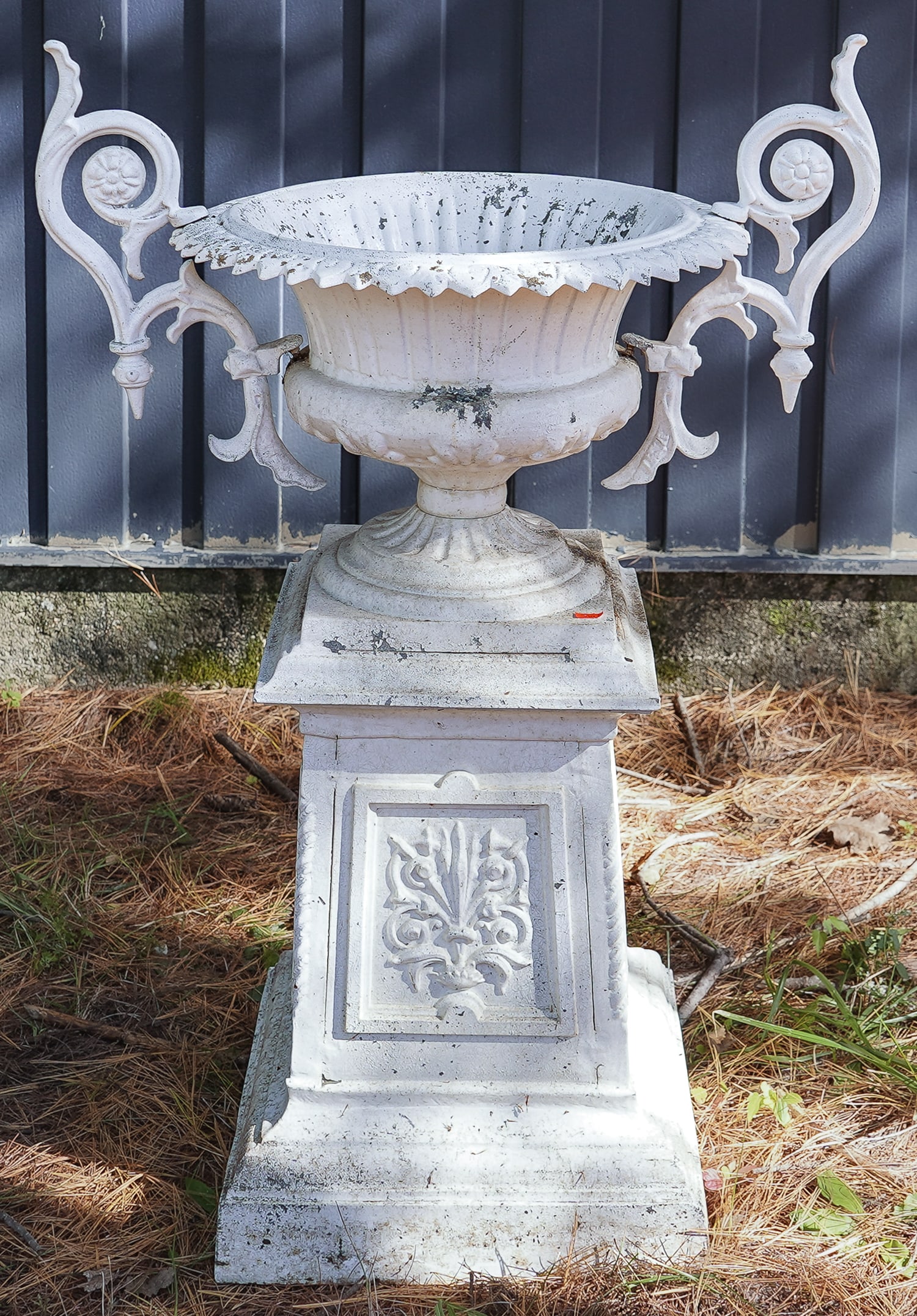 Victorian Garden Urn: 20th.c Victorian style metal garden urn or planter. Double handles, worn white paint. 28" wide, 40" h.