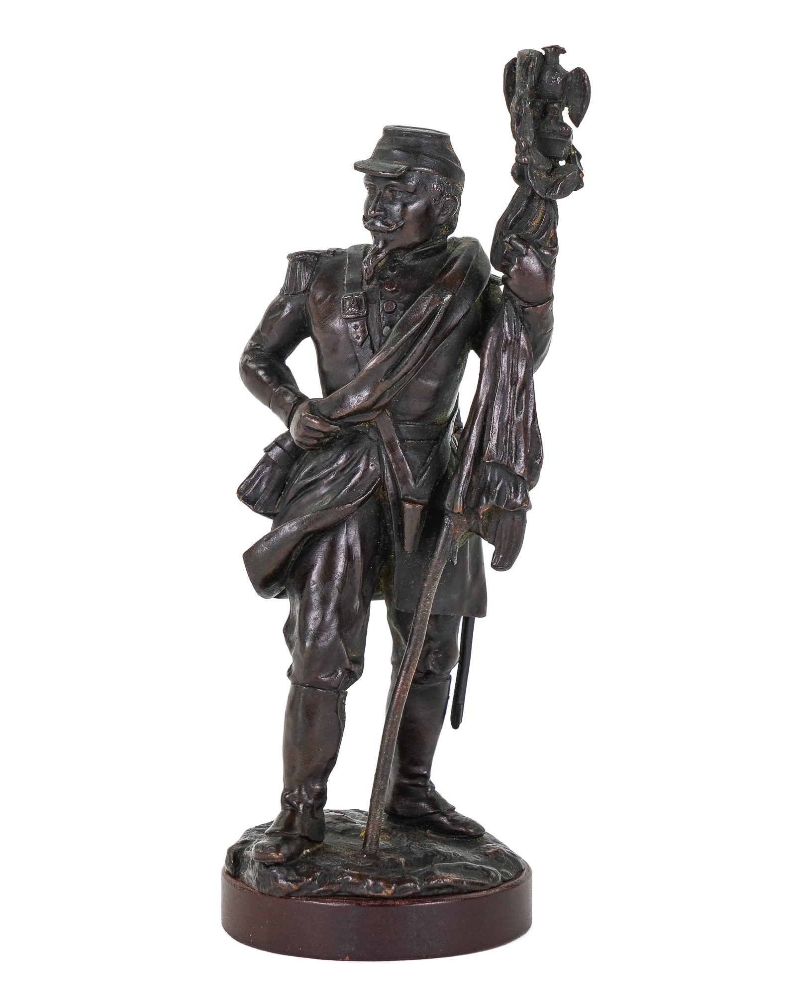 Rouviere Napoleonic Bronze Soldier: Rouviere signed patinated bronze of a Napoleonic soldier, overall ht 7 1/4", base diameter 2 1/2"