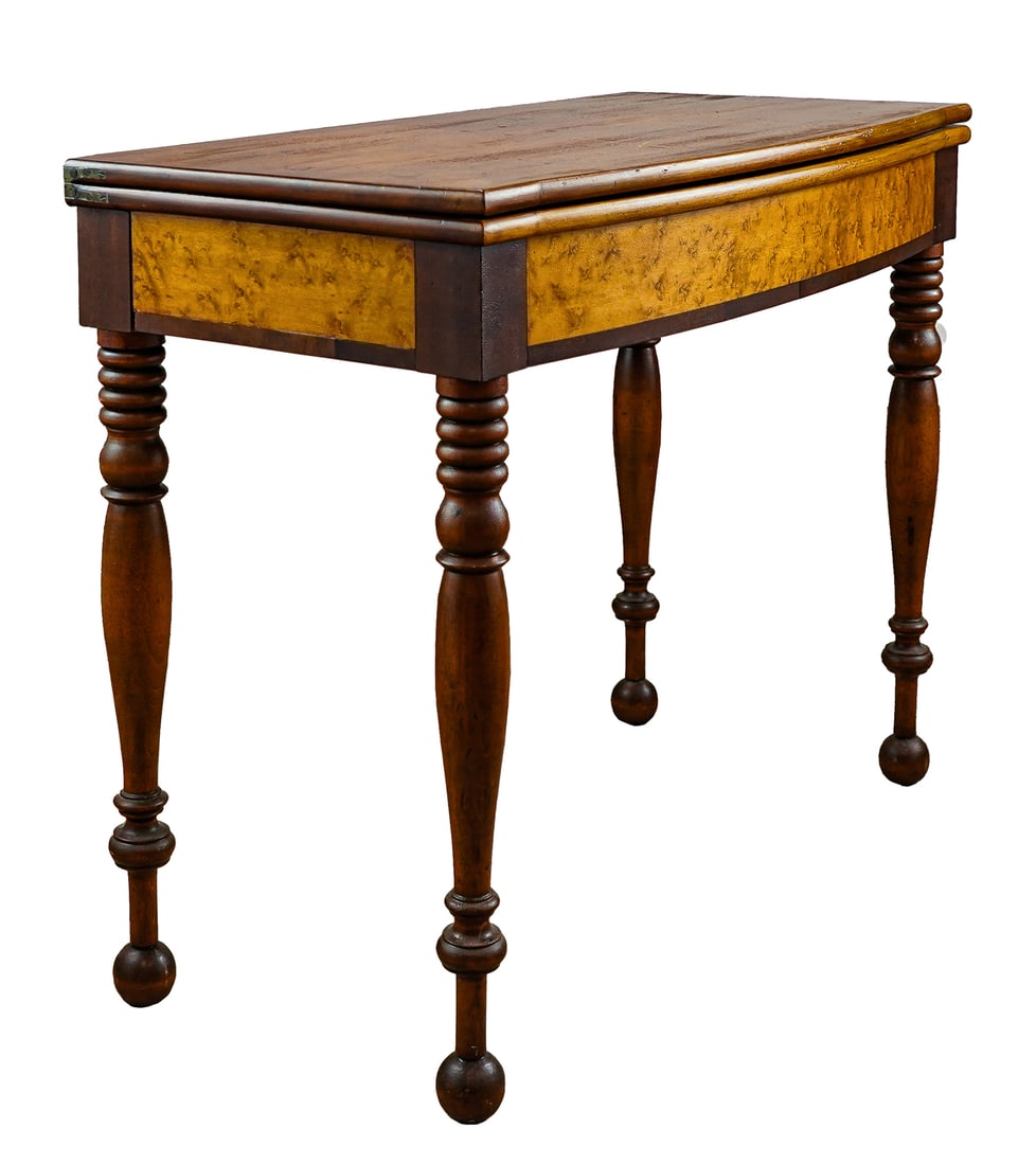 1830 Country Sheraton Bow Front Card Table: Ca 1820-1830 Country Sheraton birch & birdseye maple bowed front card table, well turned swing leg, terminal ball feet- likely Vermont, minor veneer repairs on side skirt, opens to 36" x 36", width