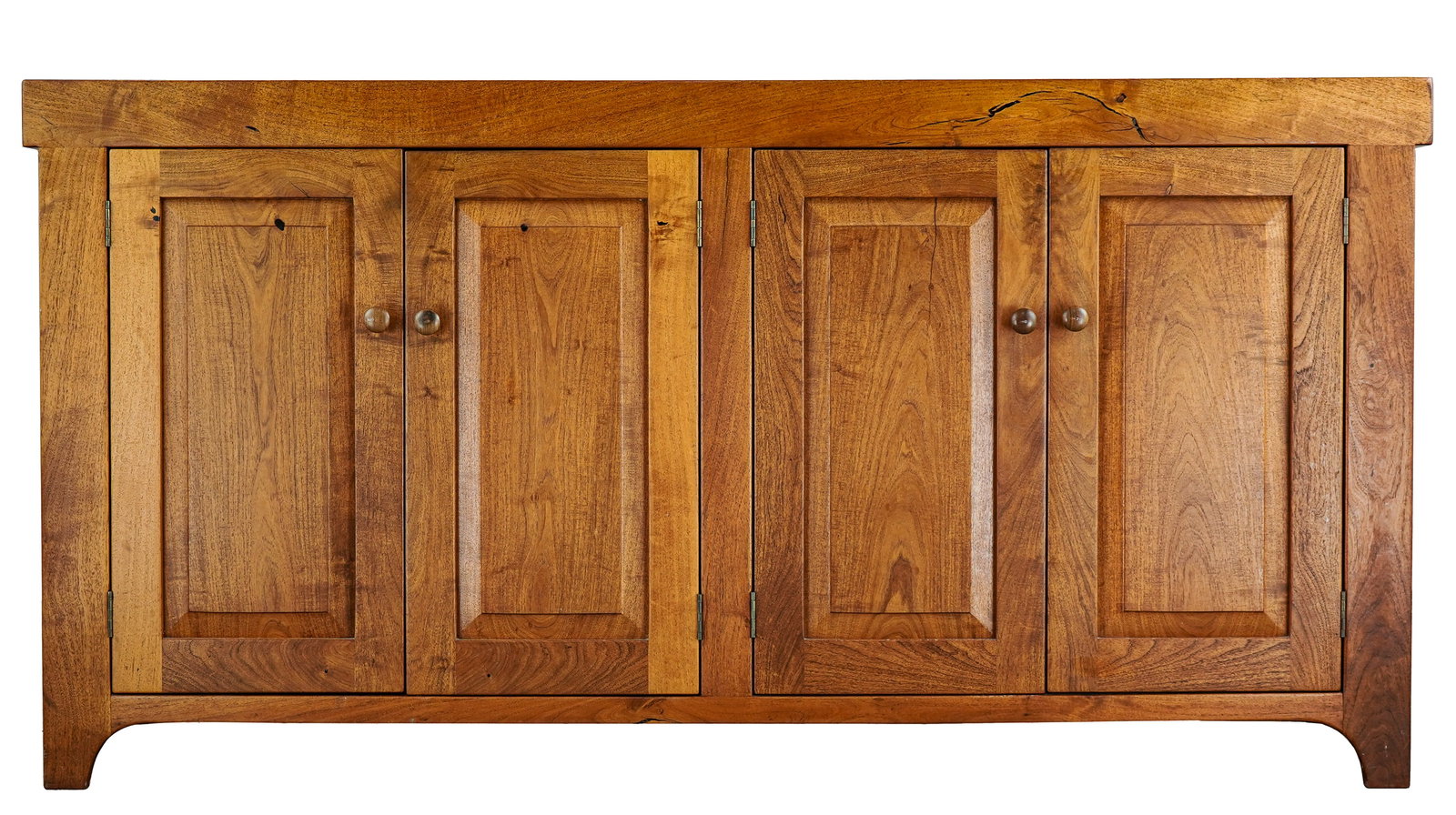 Custom Built Walnut Dry Sink: Contemporary custom built walnut dry sink with two pairs of raised panel lower doors, appears to be made from reclaimed lumber with black lacquer filled cracks, excellent condition and finish, length