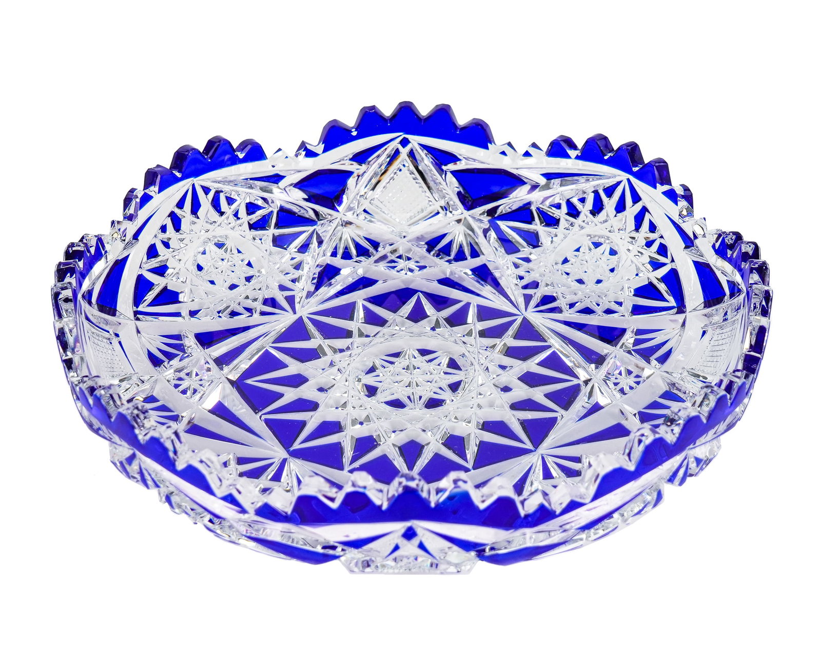 Cobalt Blue Cut to Clear ABCG Bowl: American Brilliant Period Cut Glass ABCG cobalt blue flashed cut to clear dish. Visually striking contrasting design. Overall very good condition. 1.75" x 8.25"