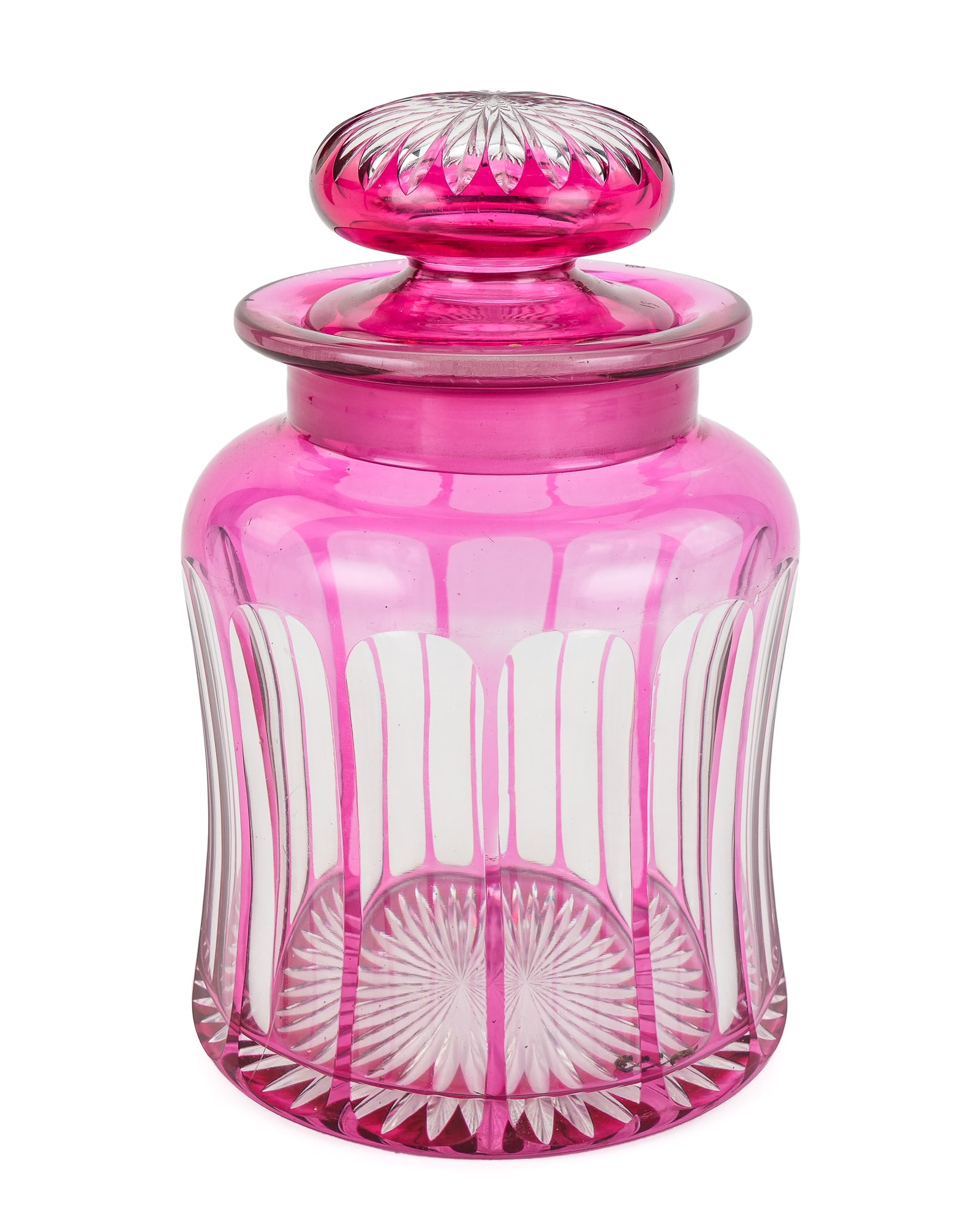 Cranberry Cut to Clear Cigar Tobacco Jar: Unusual large American Brilliant Period Cut Glass ABCG cranberry flashed cut to clear cigar or tobacco jar having hollow mushroom cap lid with fitted ground rim, star engraved top and base, paneled