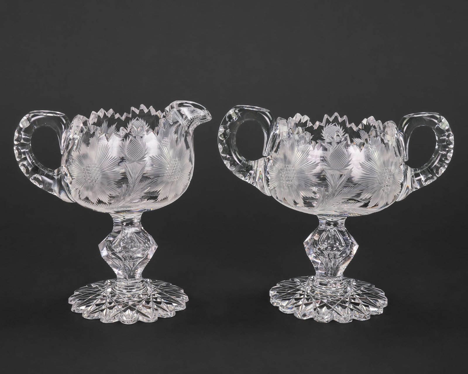 Brilliant Cut Pedestal Sugar and Creamer: Outstanding American Brilliant Period Cut Glass ABCG high pedestal sugar and creamer set having fine hollow teardrop faceted stems, frosted engraved thistle and star pattern, scalloped bases, Ex.