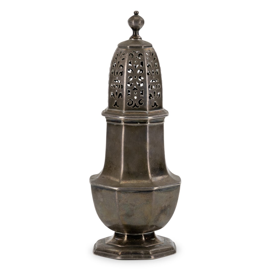 James Parkes London Silver Sugar Castor: 1938 James Parkes and Co. London Britannia .950 silver paneled neoclassical urn form sugar castor or muffineer with finely reticulated cap. Cap and base both independently hallmarked. Heavy,