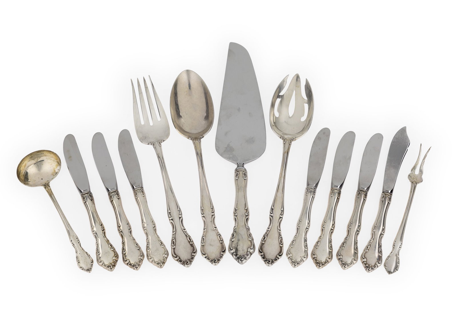 13 pcs. Gorham Sterling Flatware: 13 pcs. Gorham "Andante" pattern sterling silver flatware including meat serving fork, olive fork, slotted spoon, serving spoon, sauce ladle, pastry server with stainless steel blade, butter knife wit