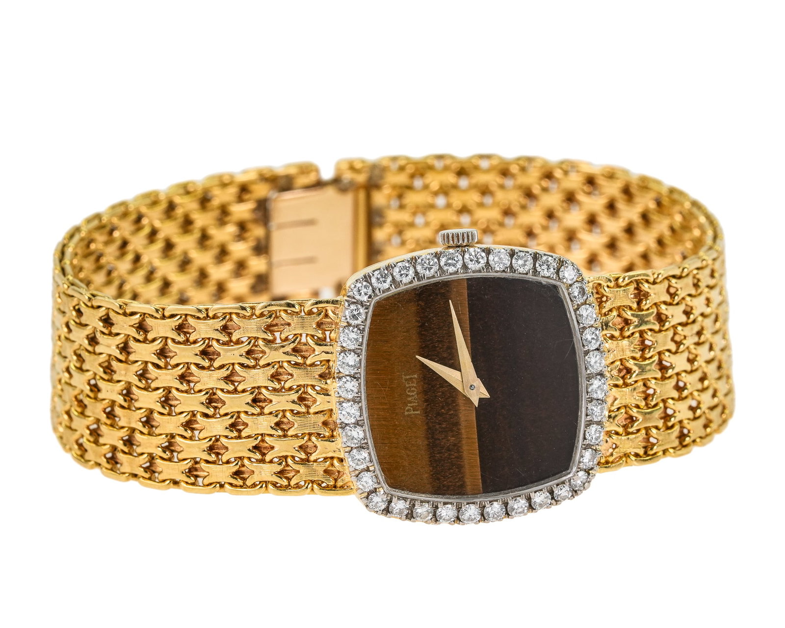 18k Piaget, Diamond & Tiger-eye Wristwatch.: 18k yellow gold Piaget wrist watch. Rectangular case with tiger-eye face, gold hands, and 36 round cut diamond surround approx .02 ct each. 23 mm wide case. 6 1/2" long. Case marked 9236 N 23,