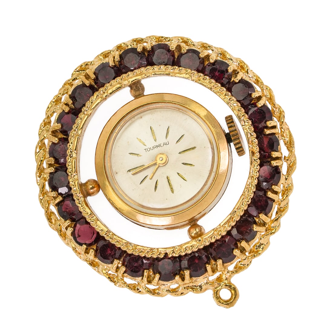 14k Tourneau Pendant Watch: 14k yellow gold Tourneau pendant watch having a 24 round cut garnet surround. 1 3/8" diameter. 14.9 grams t.w.