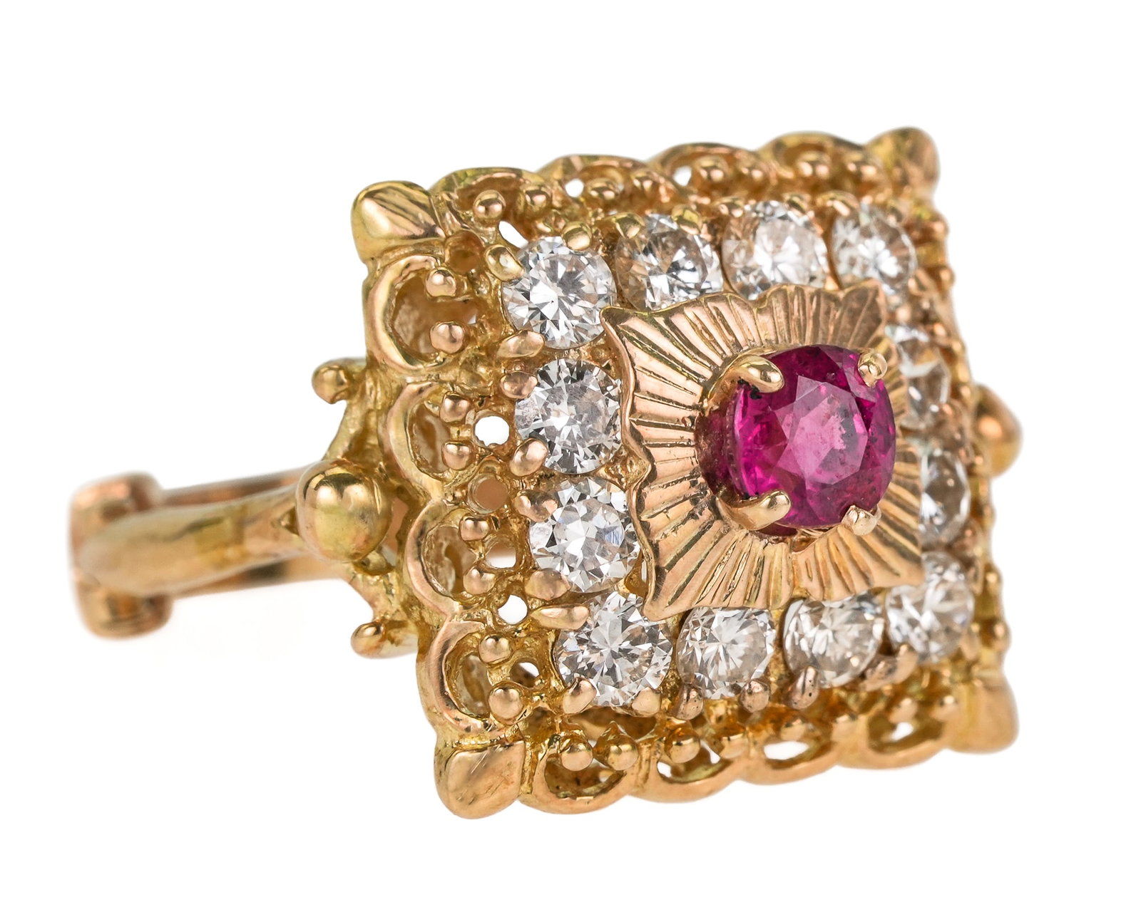 14k Ruby & Diamond Ring: 14k yellow gold ring with a center round cut .3 CT natural ruby with a rectangular surround design having 12 round cut diamonds approx. .1 CT each. Ring size 5.5. 6.2 grams t.w.