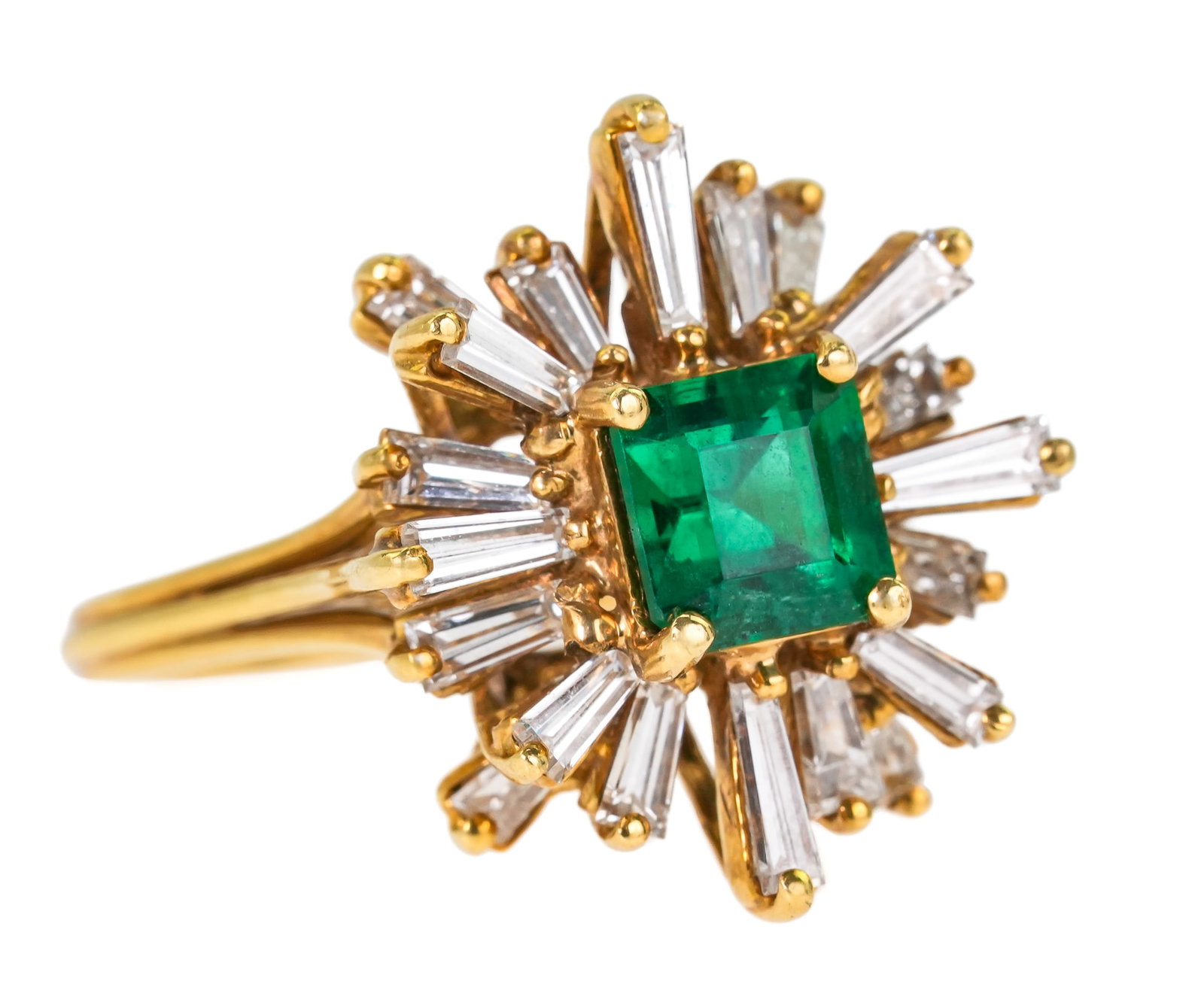 18k Diamond & 1CT Emerald Ring: 18k yellow gold ring set with a center emerald cut emerald measuring 6 mm x 5.5 mm x 4 mm, approx. 1 CT. With 20 various baguette cut diamonds, approx. 1.5 CT t.w. diamonds. Ring size 6.